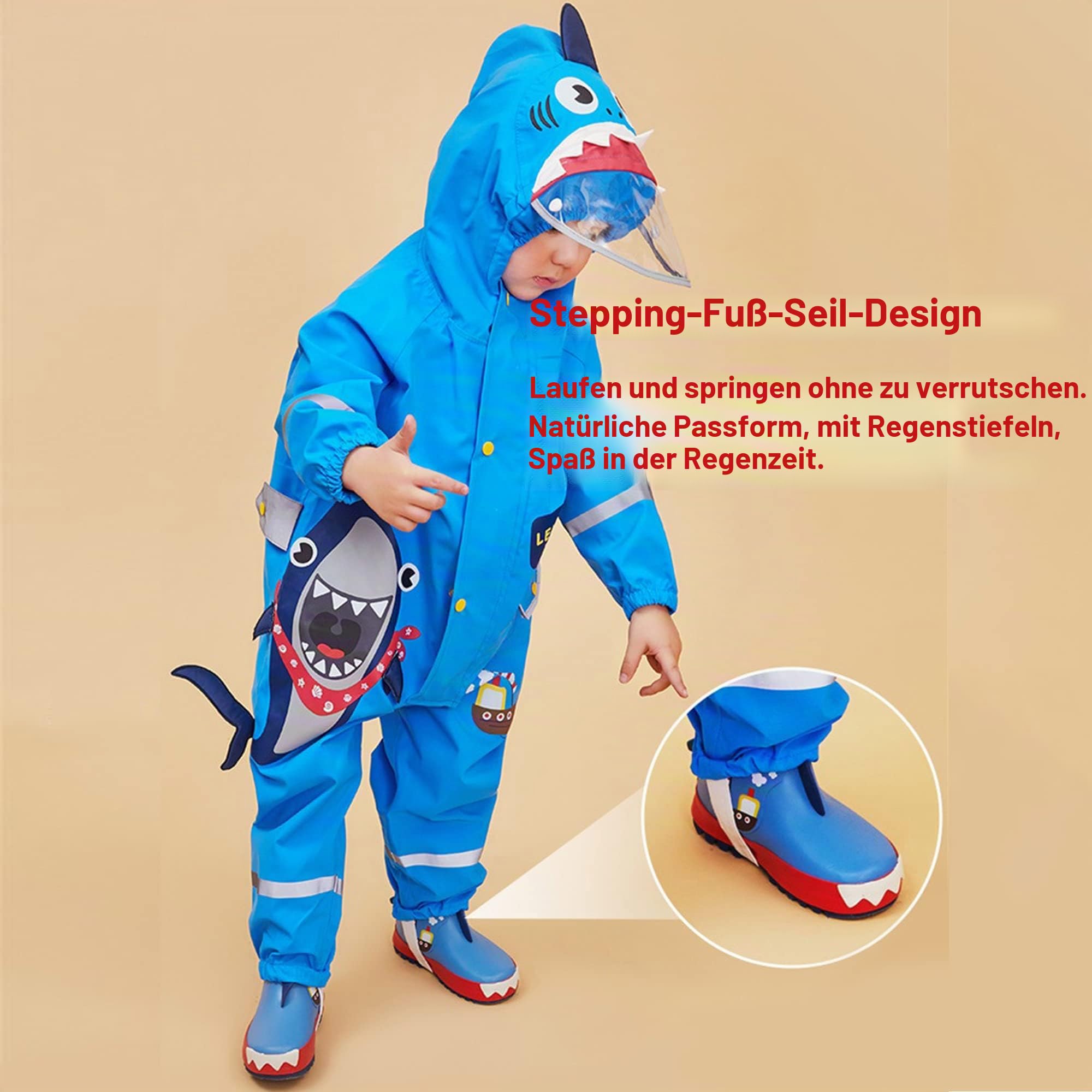 Fewlby Regenanzug Kinder, Regenjacke Einteilig Regenmantel mit Kapuze Regenponcho Jungen Mädchen Wasserdicht Regen Overall Outdoor Regenkleidung, S 1-3 Jahre