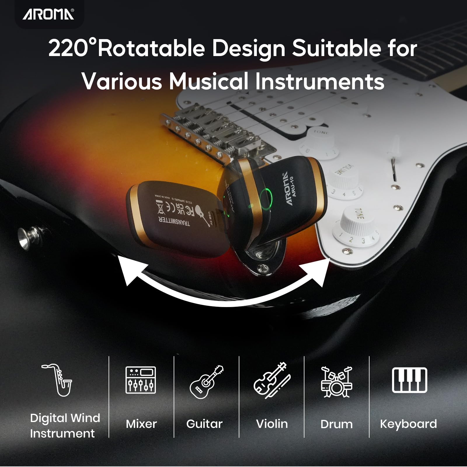 AROMA Trasmettitore e Ricevitore Wireless per Chitarra con 7 Canali Sistema Audio Ricaricabile Senza Fili per Chitarra, Basso, Strumenti Elettrici