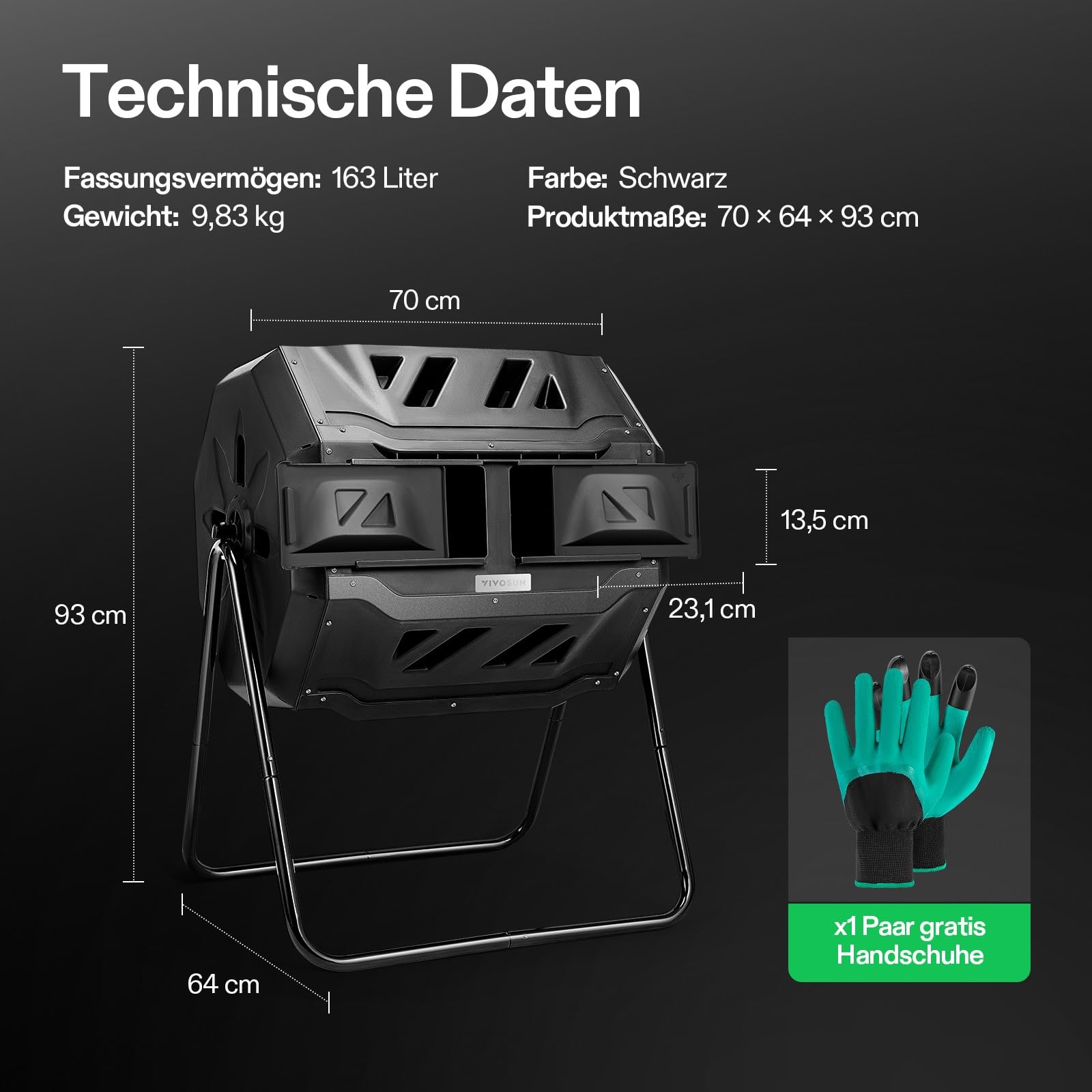 VIVOSUN Trommelkomposter 163L, Drehbarer Schnellkomposter mit 2 Kammern, Robuster Kunststoff Gartenkomposter mit Lüftungsöffnungen & Wasserdichten Gartenhandschuhen für Gartenabfälle