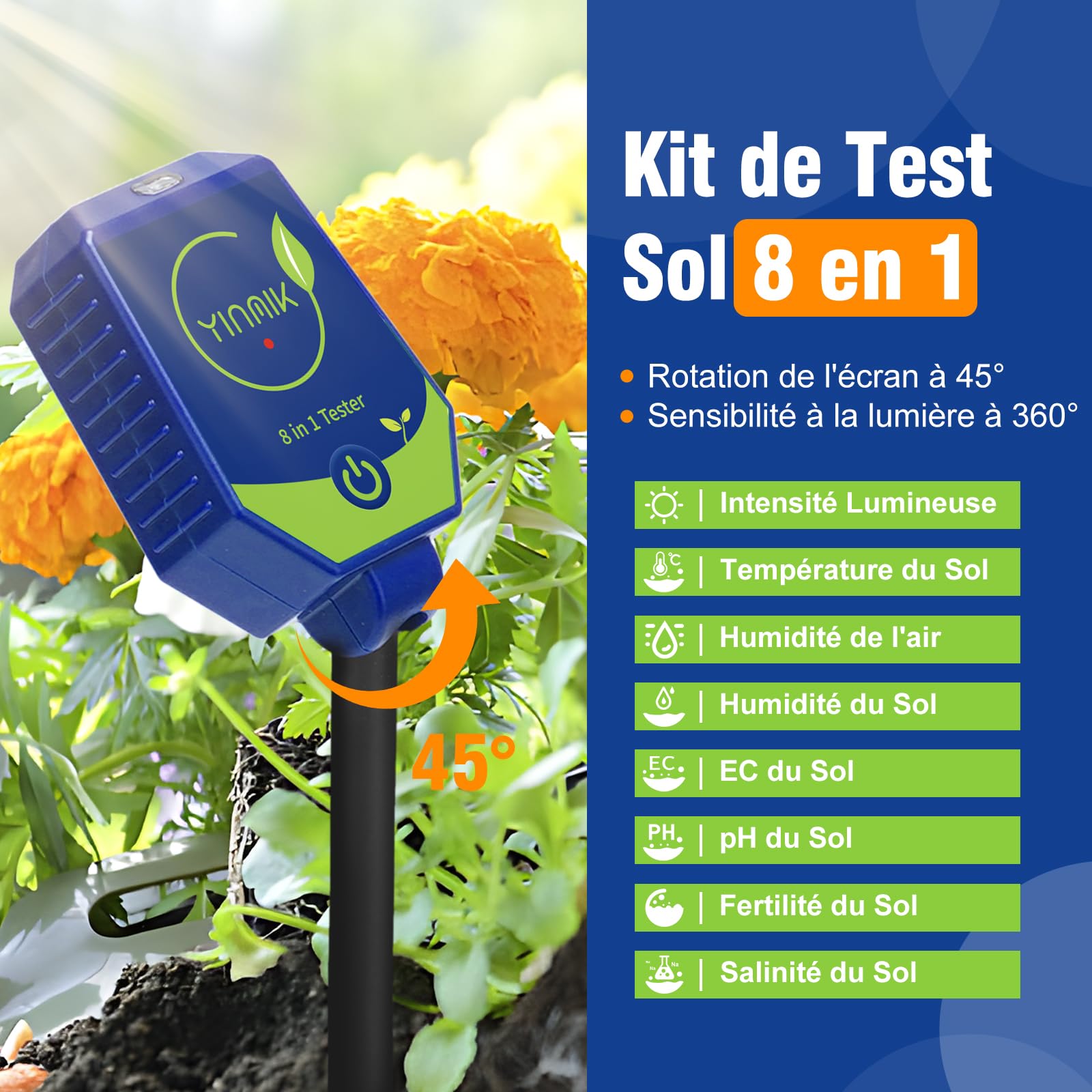 YINMIK Kit test 8 en 1 pour pH et la fertilization du sol | pH-Mètre ,testeur de conductivité, mesure de l’humidité, de la EC, de la salinité, de la luminosité, de la fertilité,Temp