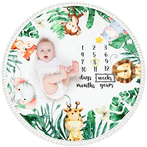 Peryiter Manta mensual de hitos para bebé, 43.3 x 43.3 pulgadas, safari, selva, hojas, tapete de juego para recién nacidos, manta redonda de franela