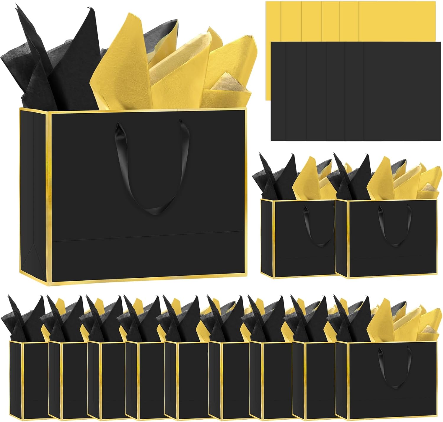 Epoesch 12 Pack Metallic Paper Gift Bags with Handles – Includes 24 Tissue Paper – 11.8"x10"x4" – Elegant 5 Senses Gift Bags for Wedding, Bridesmaids, Groomsmen, Guests, Valentine's Day, Easter (Black Gold)