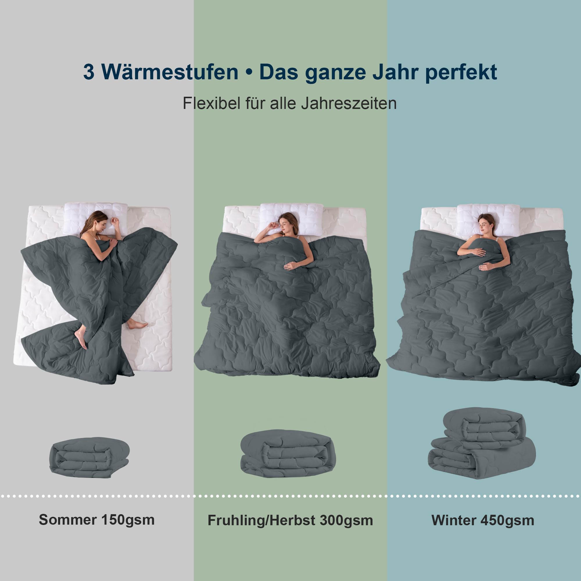 Waxberry 4 Jahreszeiten Bettdecke 135x200, 2 Teilig Set - Winterdecke 450gsm - Ganzjahresdecke 300gsm + Sommerdecke 150gsm, Weiche Steppdecke Waschbar Anti-Allergisch, Dunkelgrau - 2