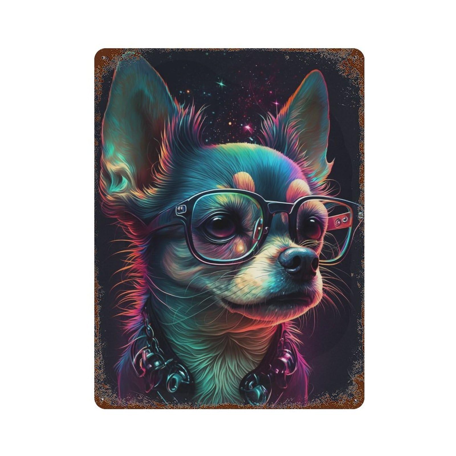 Neon Chihuahua Glasses Art Print Aged Metal Wall Plaque 15.7"x11.8", for Basement, Hobby Room And Garage Decor, Rustic Home Decor