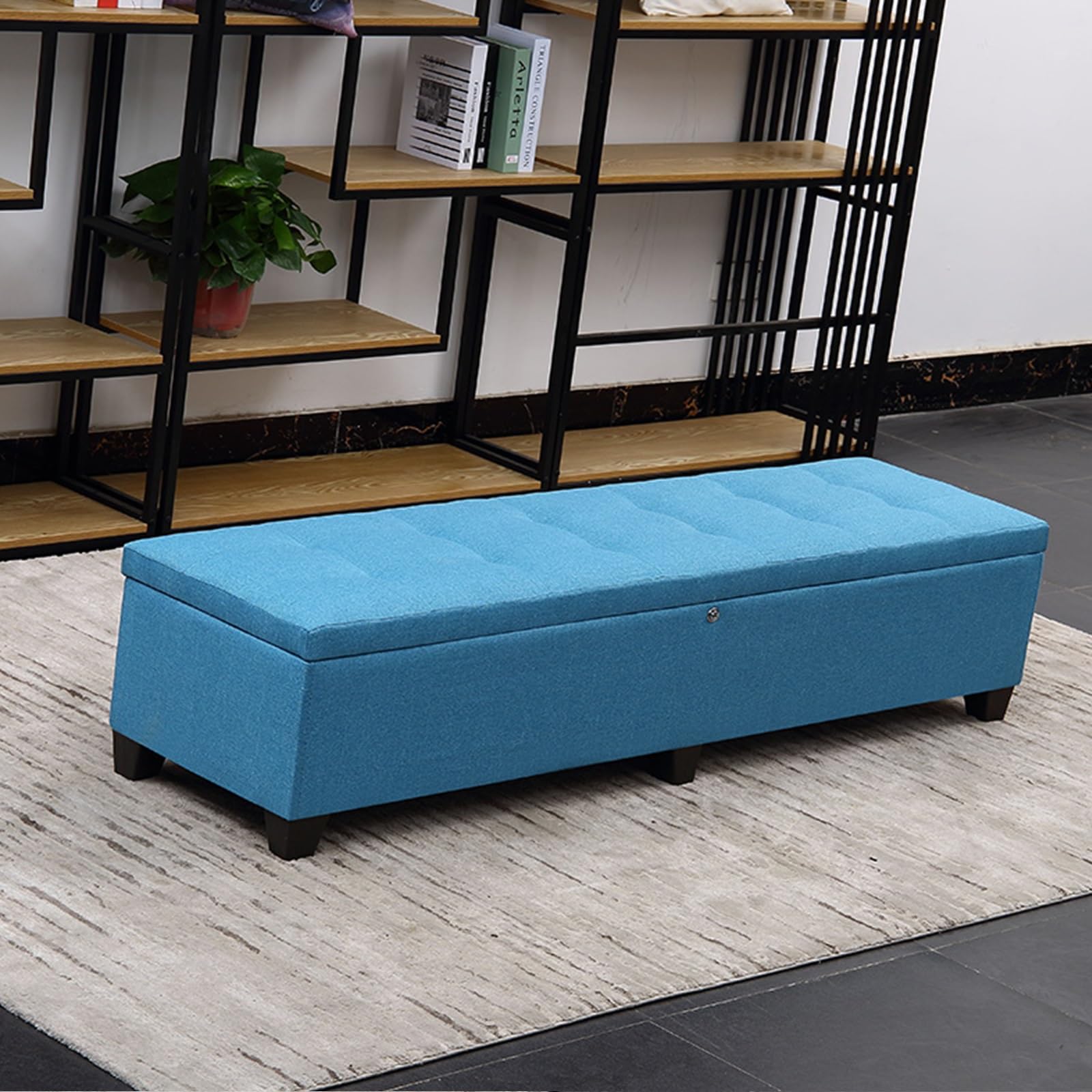 GHFXSCV Storage Ottoman with Lock Upholstered Footrest with Large Storage Space Rectangular Linen Shoe Organizer Privacy Protection for Bedroom Blue