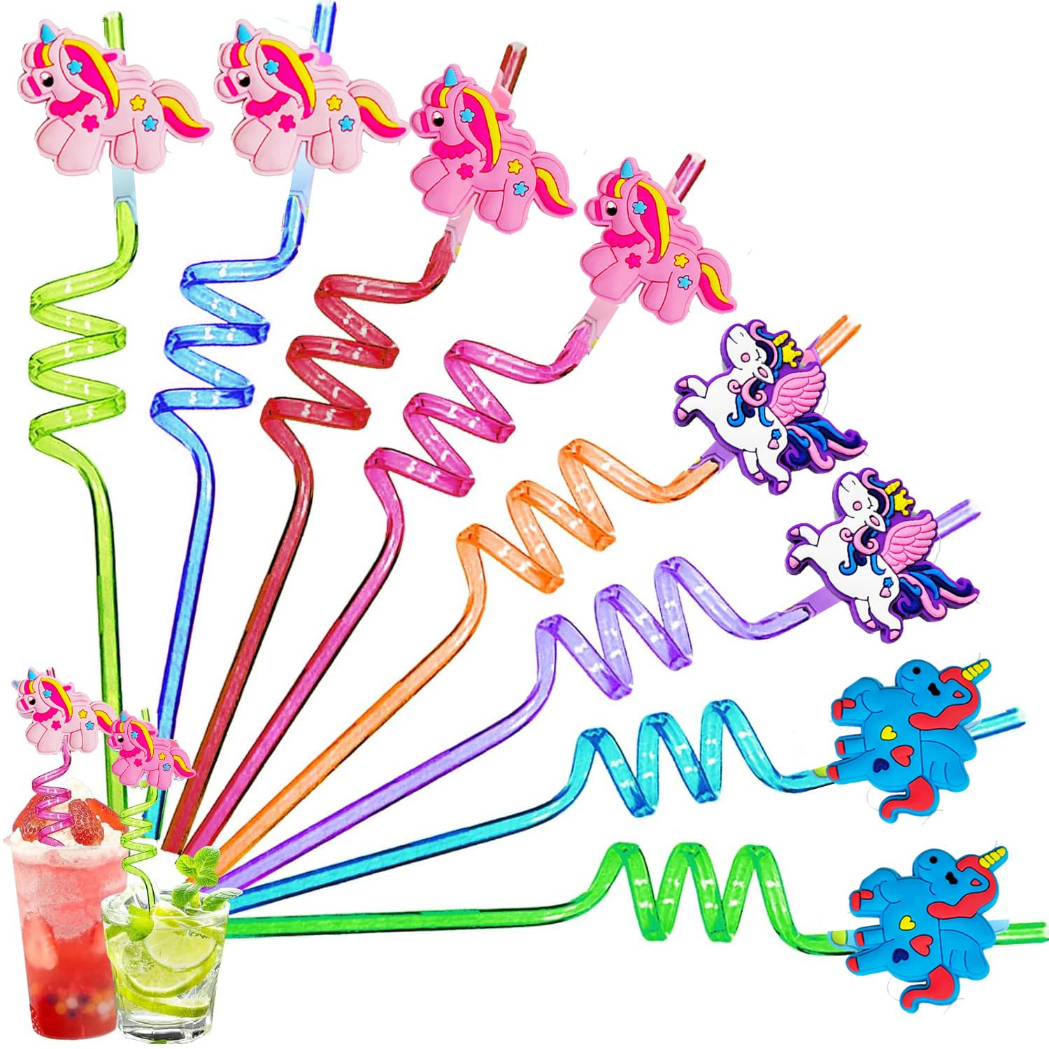 Ynaice Unicorn 8 Pieces Reusable Drinking Straws Plastic Novelty Straws Fun Animals Straw Colorful Curly Straw For Kids Adults Birthday Party Favors Party Supplies