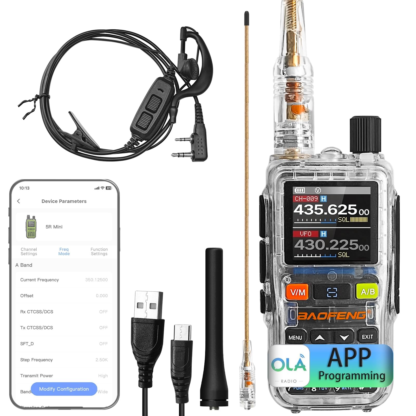 BAOFENG UV5R Mini Transparent Two-Way Radio,Dual Band Ham Radio,5W High Power,App Programming,USB C Charging,999 Channels,NOAA Weather,with Earpiece &amp; Transparent Antenna (1 Pack)