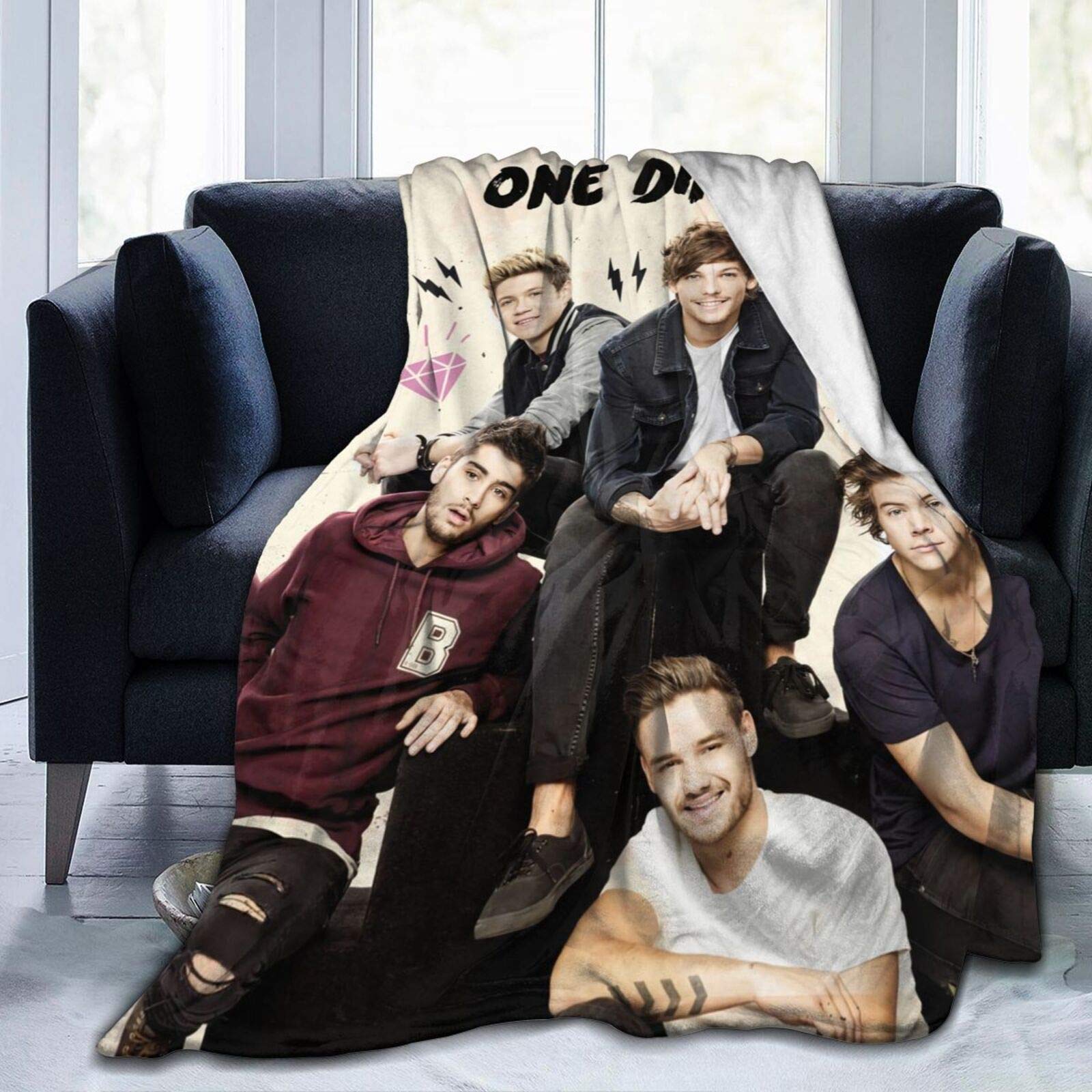 1D One Di-rec-Tion Flannel Fleece Blanket with Pompom Fringe, Warm Breathable King Size Elegant Bed Blanket Throw Blanket fit for Couch Living Room Chair, 50x40 inch