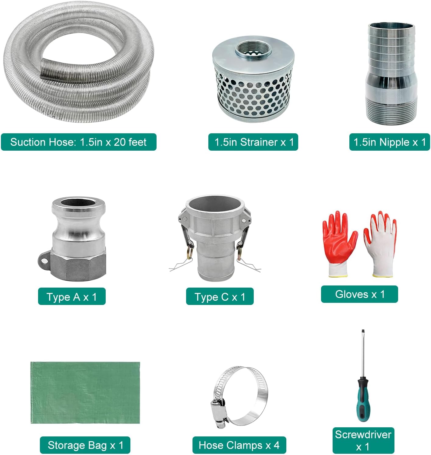 Pump Water hose Discharge 1.5" x 20' Suction Hose With Aluminum Camlock A C Fittings, Heavy Duty Three layer Backwash Drain Hose for pool, Backwash Hose, Lawn,Garden