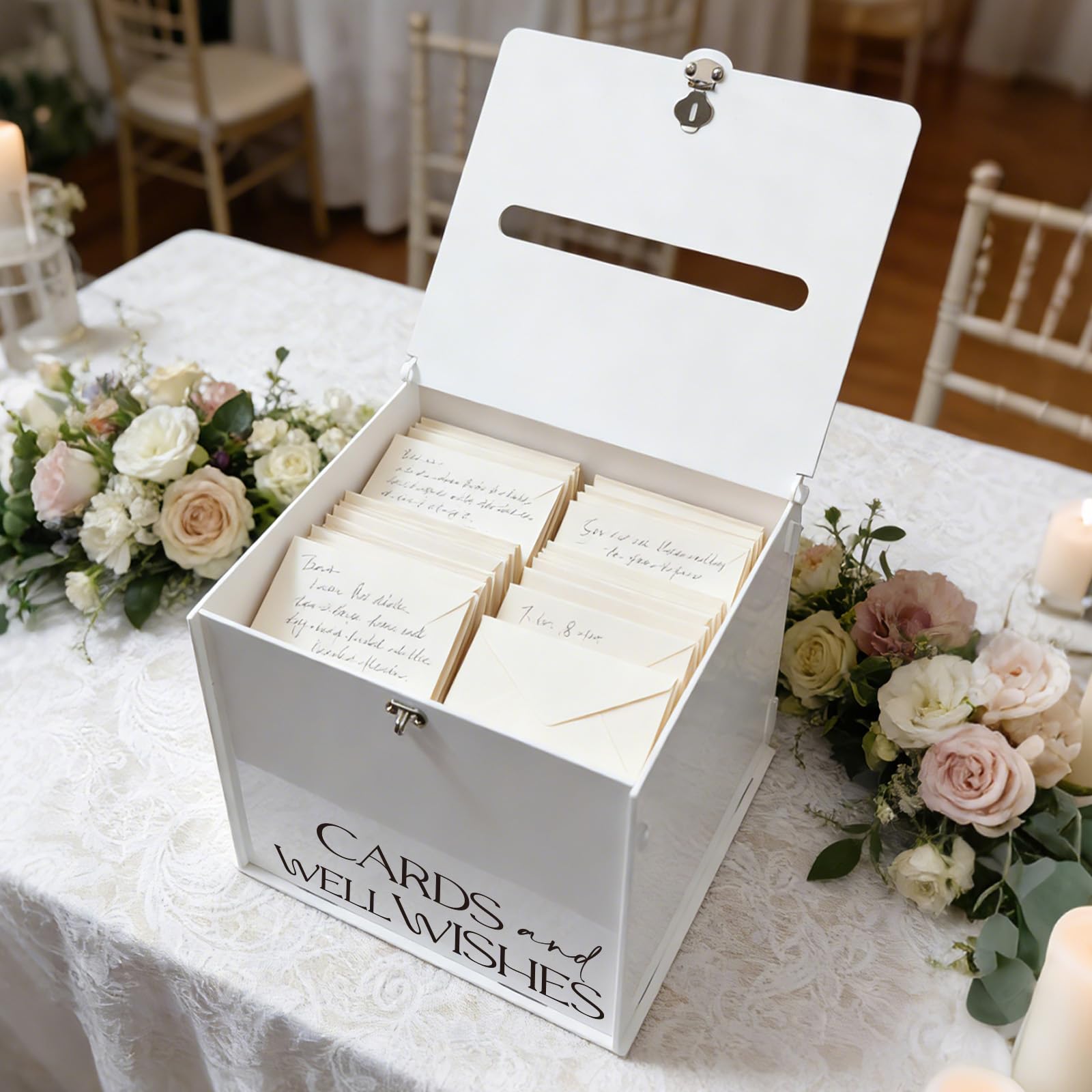 Białe akrylowe pudełko na karty z zamkiem i przegródką, eleganckie pudełka na karty ślubne na przyjęcie, ślub, urodziny, baby shower, stylowa dekoracja stołu