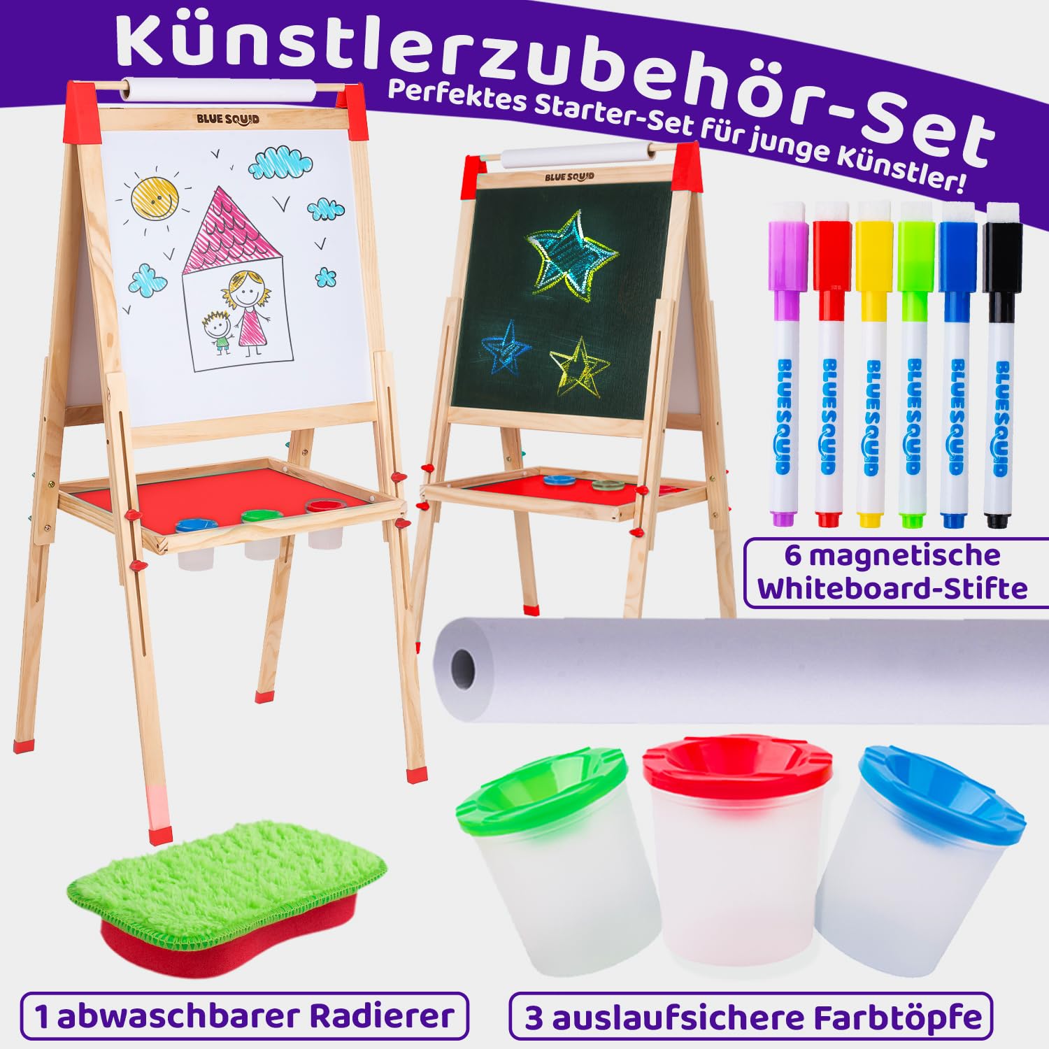 Kunst Staffelei für Kinder mit Zubehör- Doppelseitige hölzerne Tafel für Kinder mit magnetischer Kreidetafel, abwischbarem Whiteboard & Papierrolle, Kindertafel mit Kreide und Magnet 2-4 4-8 9-12