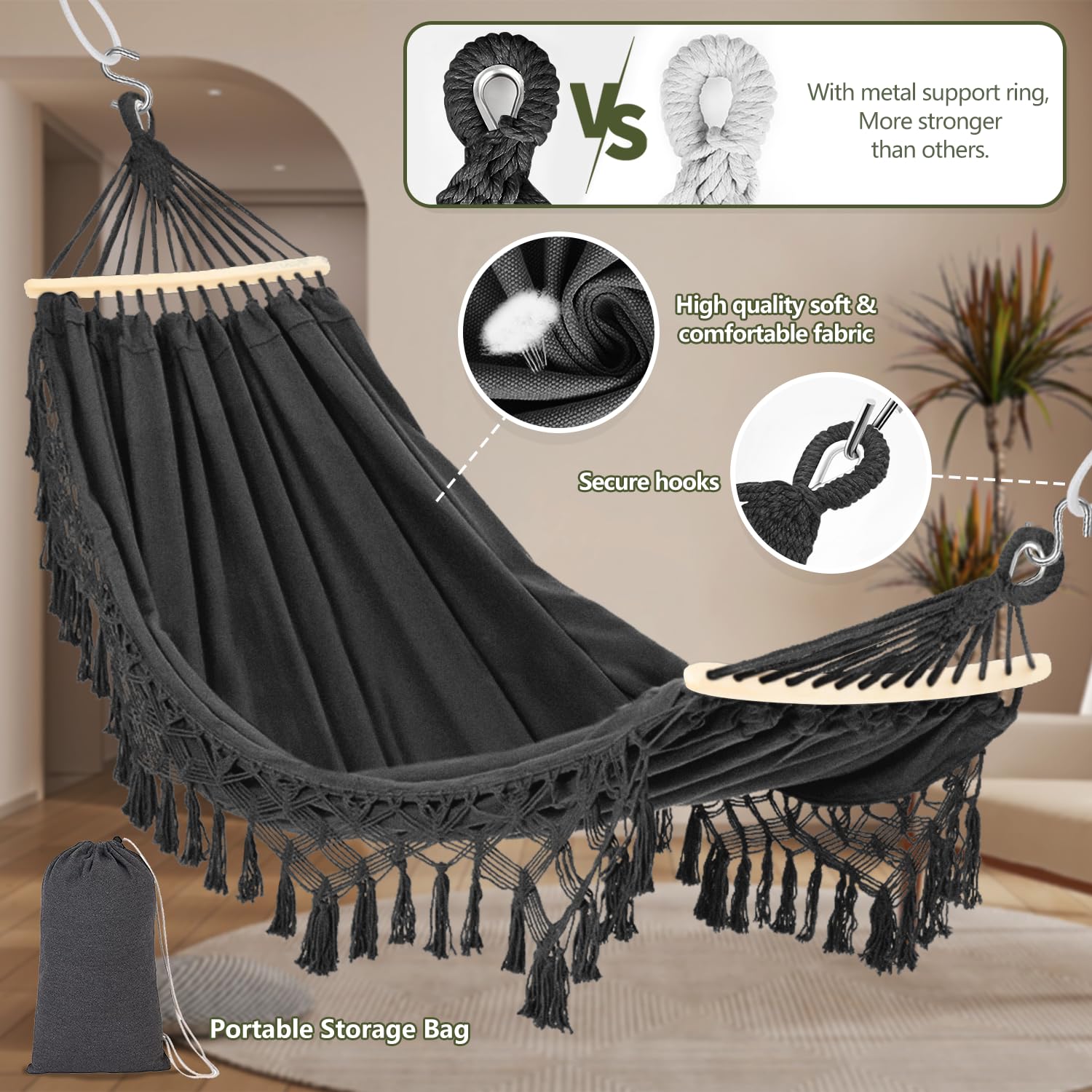 Hängematte Outdoor Boho, XXL Übergroßer Hängematte Hängesessel 2 Personen max 440 lbs, Hängeschaukel mit Tasche Holzstange Hängematte Indoor & Outdoor für Patio Garten Terrasse Wohn-Schlafzimmer