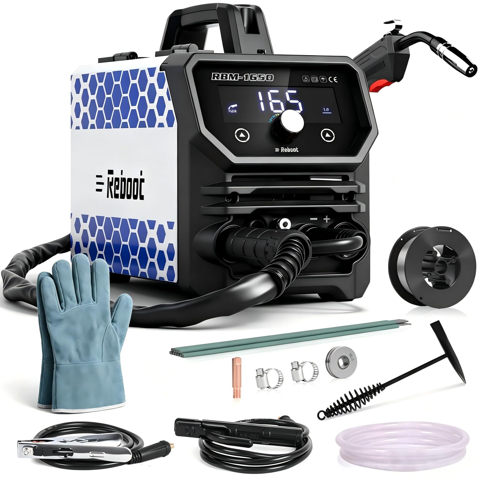 Reboot Soldador MIG Sin Gas 165A, 4 en 1 Multifunción Inverter | Máquina de Soldar con Electrodo MMA y Lift TIG, Pantalla LED, Ajuste Automático, Sin Botella – Para Taller, Hogar y Bricolaje