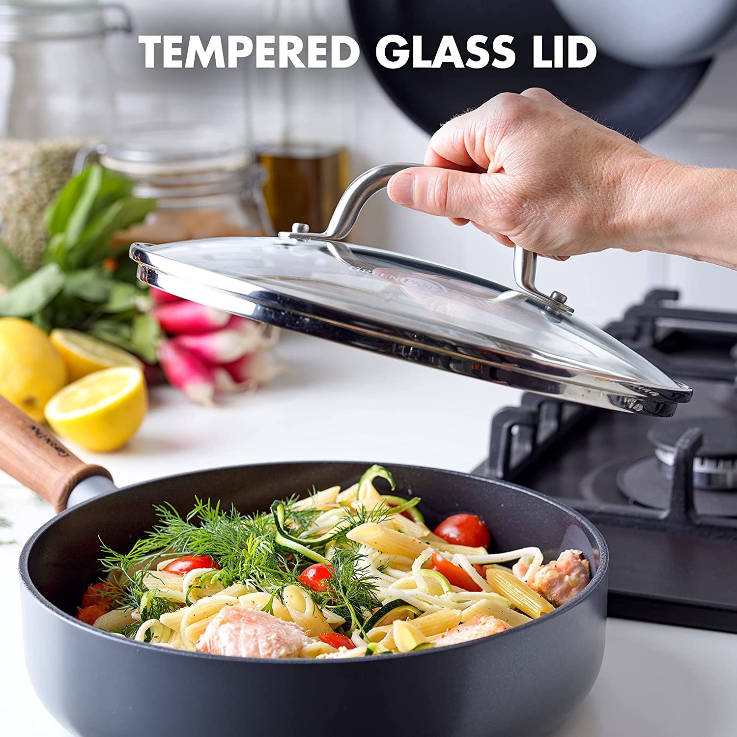 GreenPan Mayflower Pro Hard Geanodiseerd Gezond Keramisch Nonstick, 20cm en 24cm Koekenpan Skillet Set met Spatel, Vintage Houten Handvat, PFAS-Vrij, Inductie Geschikt, Houtskool grijs