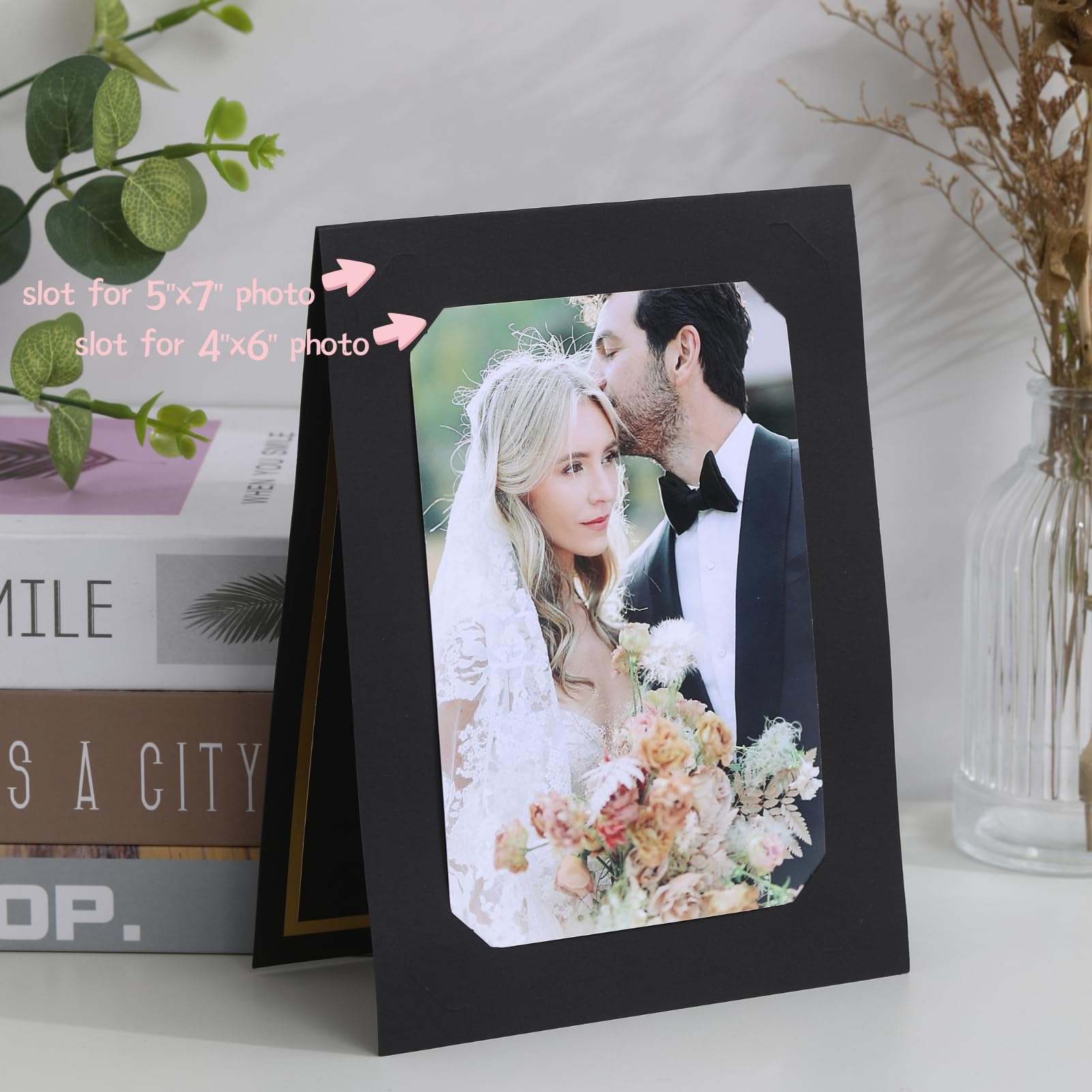 Foldery na zdjęcia 4 x 15 x 18 cm, ramka na zdjęcia, kartki na notatki, papierowe pozdrowienia, kartonowa ramka na zdjęcia na ukończenie szkoły, ślub, urodziny, klasę, DIY, czarne ze złotą