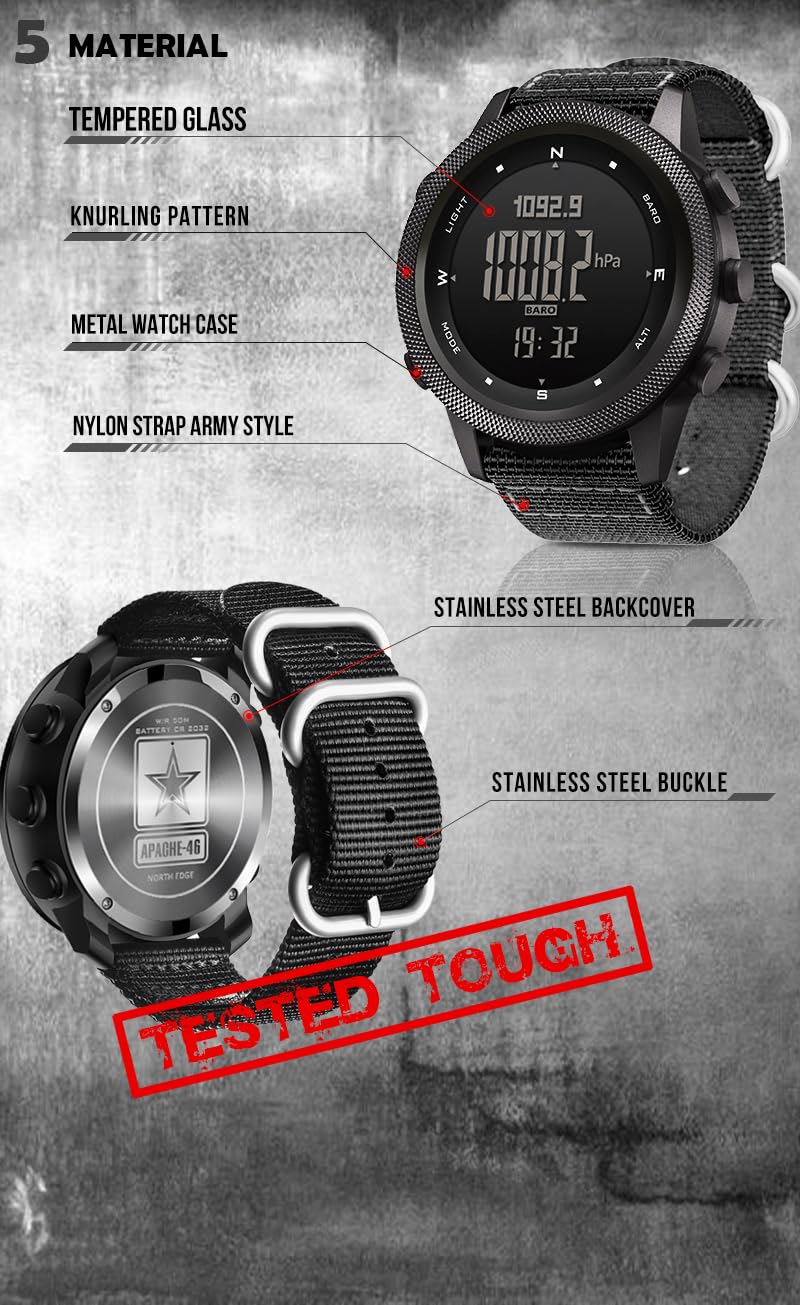 DIDITIME Orologi tattici da uomo, orologi militari da uomo, impermeabili 164 FT, orologio da fitness, orologio digitale da uomo, con bussola, metronomo, contapassi, leggero e traspirante in nylon