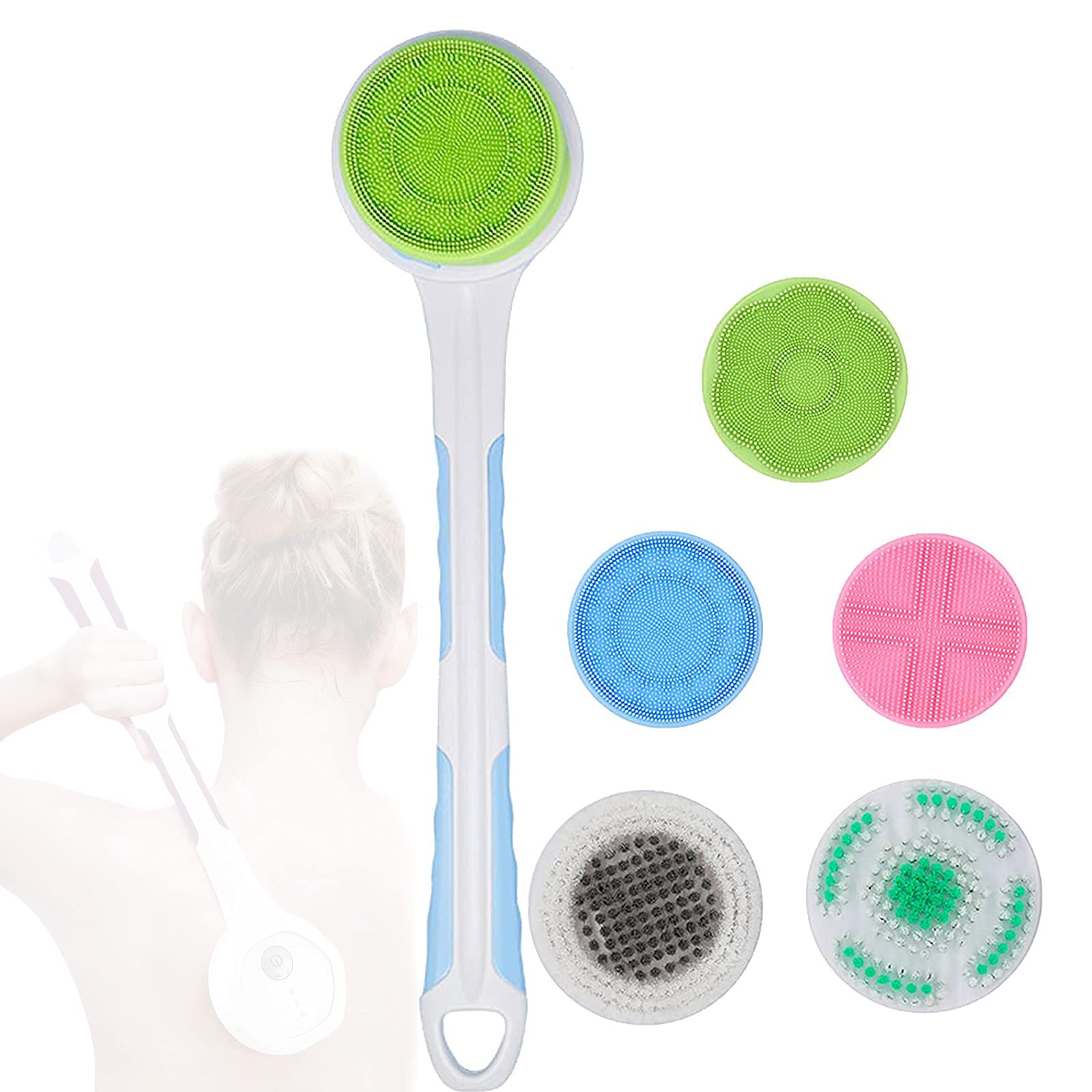 M-TOP Cepillo de Bano para la Espalda Cepillo Eléctrico para Baño Corporal con Cabeza de 5 Cepillos, Cepillo de Masaje de Ducha Automático Exfoliante Mejora la Circulación Sanguínea