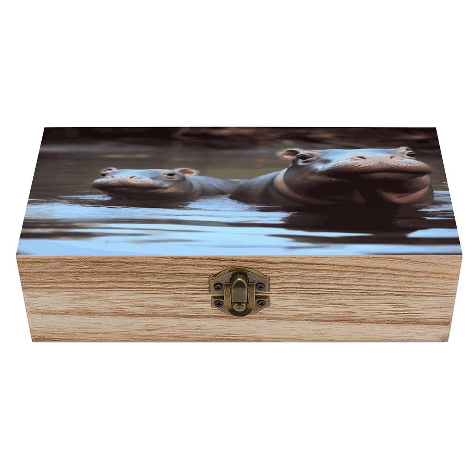 JTREHY Baby Hippos Wooden Keepsake Box Vintage-Style Wood Keepsake Case with Hinged Lid Solid Wood Boxes Beautifully Memory Treasure Case Vintage-Style Wooden Storage Box