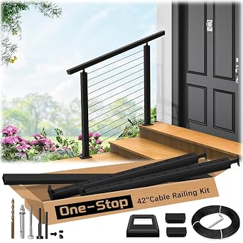 42" One-Stop All Black Stair Cable Railing System Posts Kit Bundle with Handrail