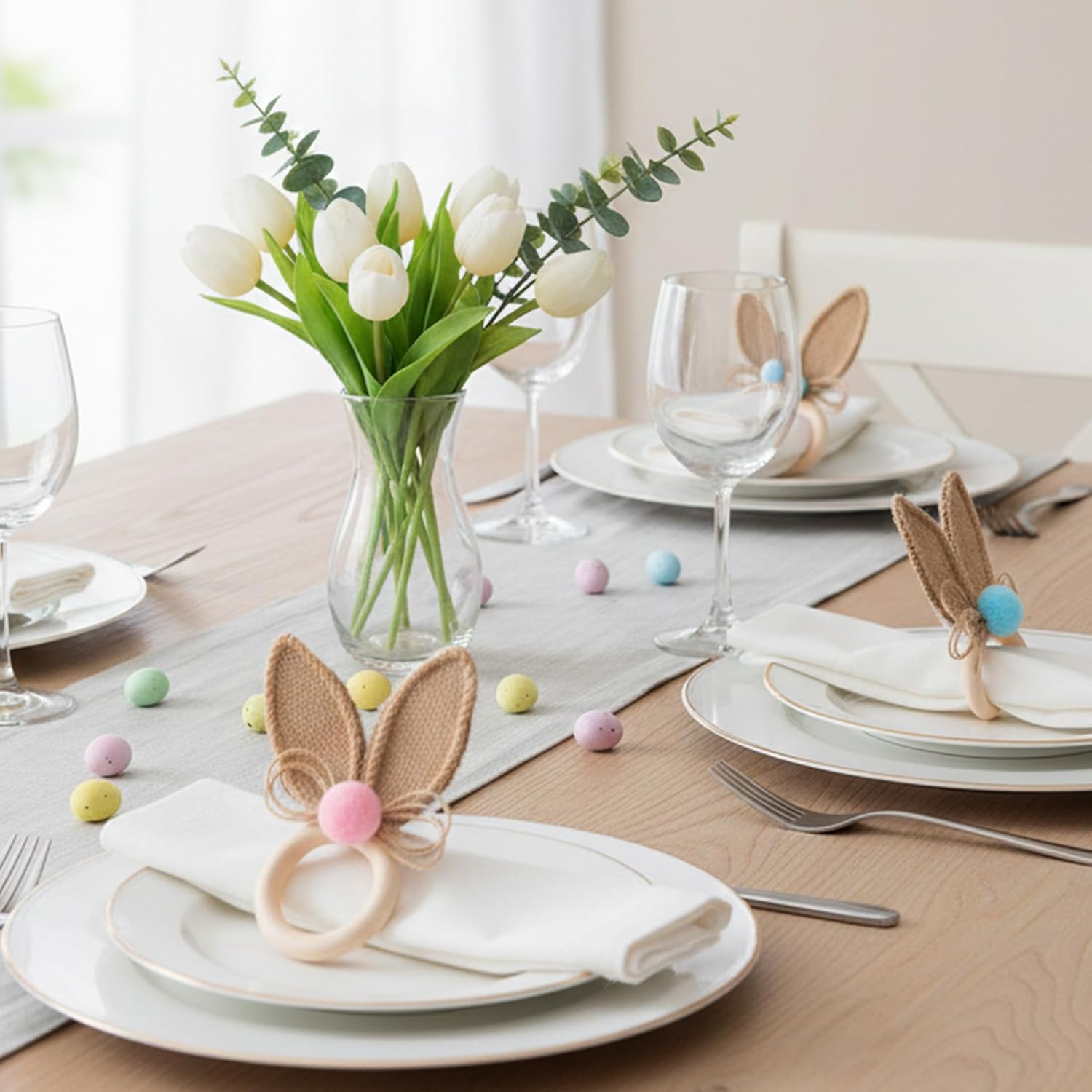 Easter Bunny Napkin Rings Set of 12 Wooden Napkin Rings with Jute Bunny Ear Decor for Easter Table Decorations Rustic Farmhouse Wedding Holiday Party Supplies