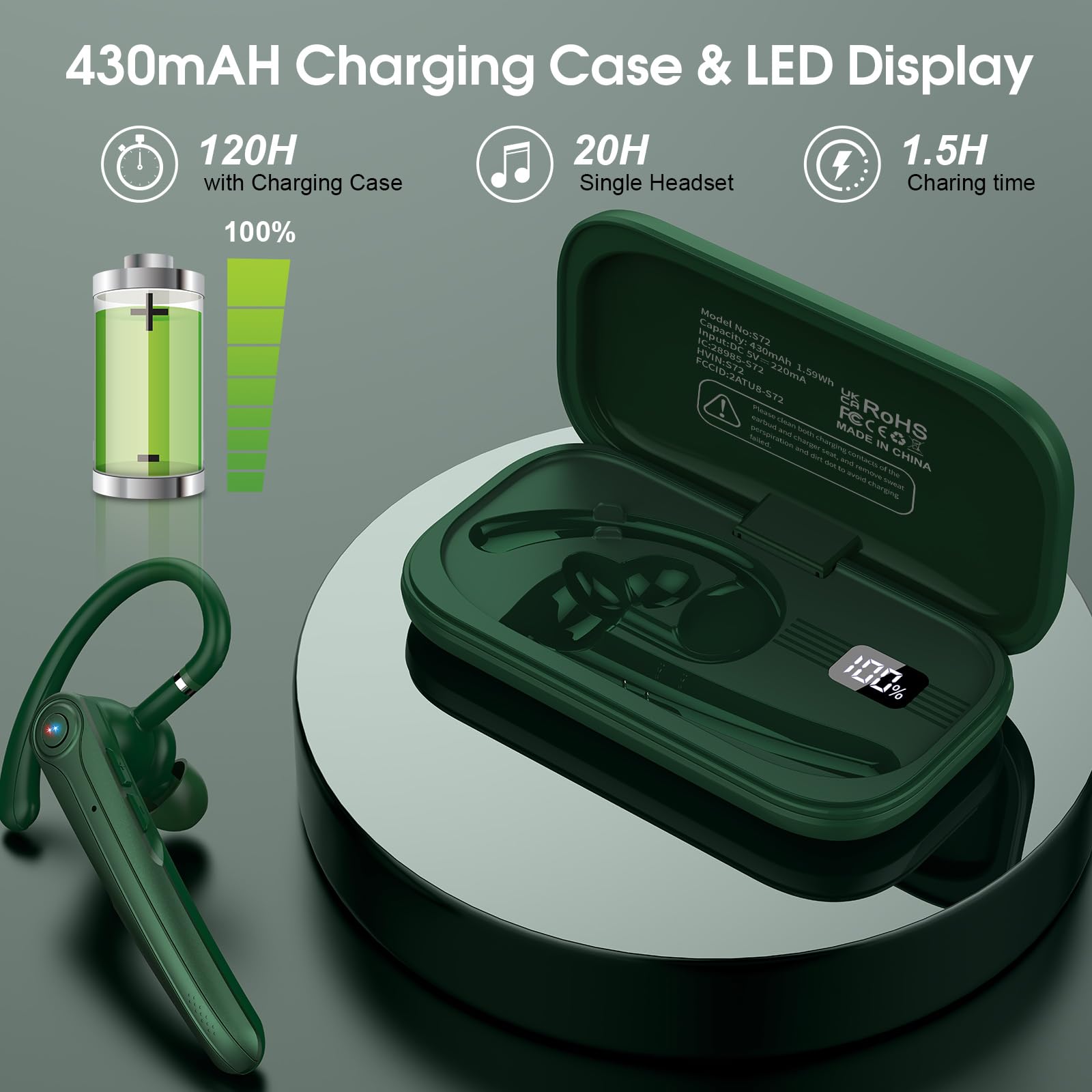 Handsfree Bluetooth V5.4 met dubbele microfoon, 60 uur gesprek, draadloze bluetooth-hoofdtelefoon met aansluiting voor twee apparaten, led-display, IPX7, voor autorijden/zaken Handsfree Bluetooth V5.4 met dubbele microfoon, 60 uur gesprek, draadloze bluetooth-hoofdtelefoon met aansluiting voor twee apparaten, led-display, IPX7, voor autorijden/zaken