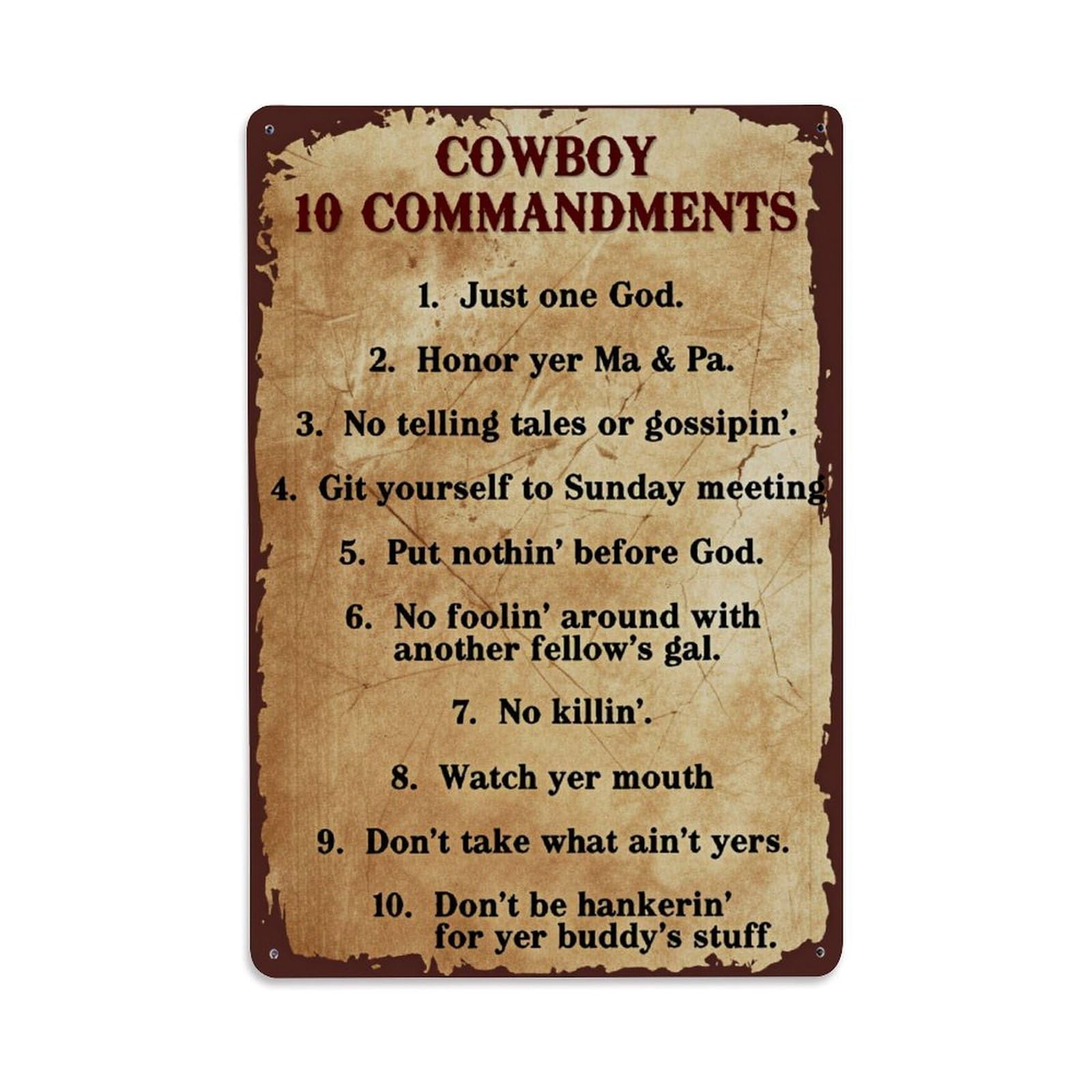 Enderetf Vintage Cowboy Commandments Pattern Print Tin Sign Metal Poster, Home Bar Garage Man Cave Cafe Indoor & Outdoor Wall Decoration 8X12inches