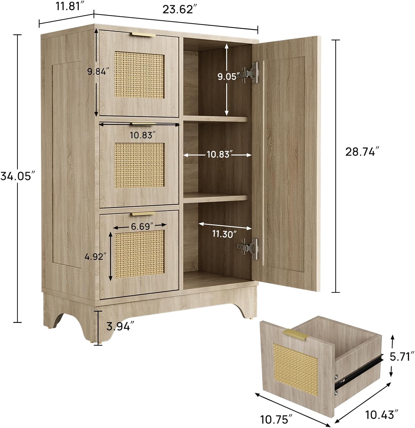 ALBAD Boho Sideboard Buffet Cabinet with 3 Storage Drawer Rattan Door and Adjustable Storage Shelves Rustic Farmhouse Coffee Bar for Dining Room, Kitchen, Natural Wood