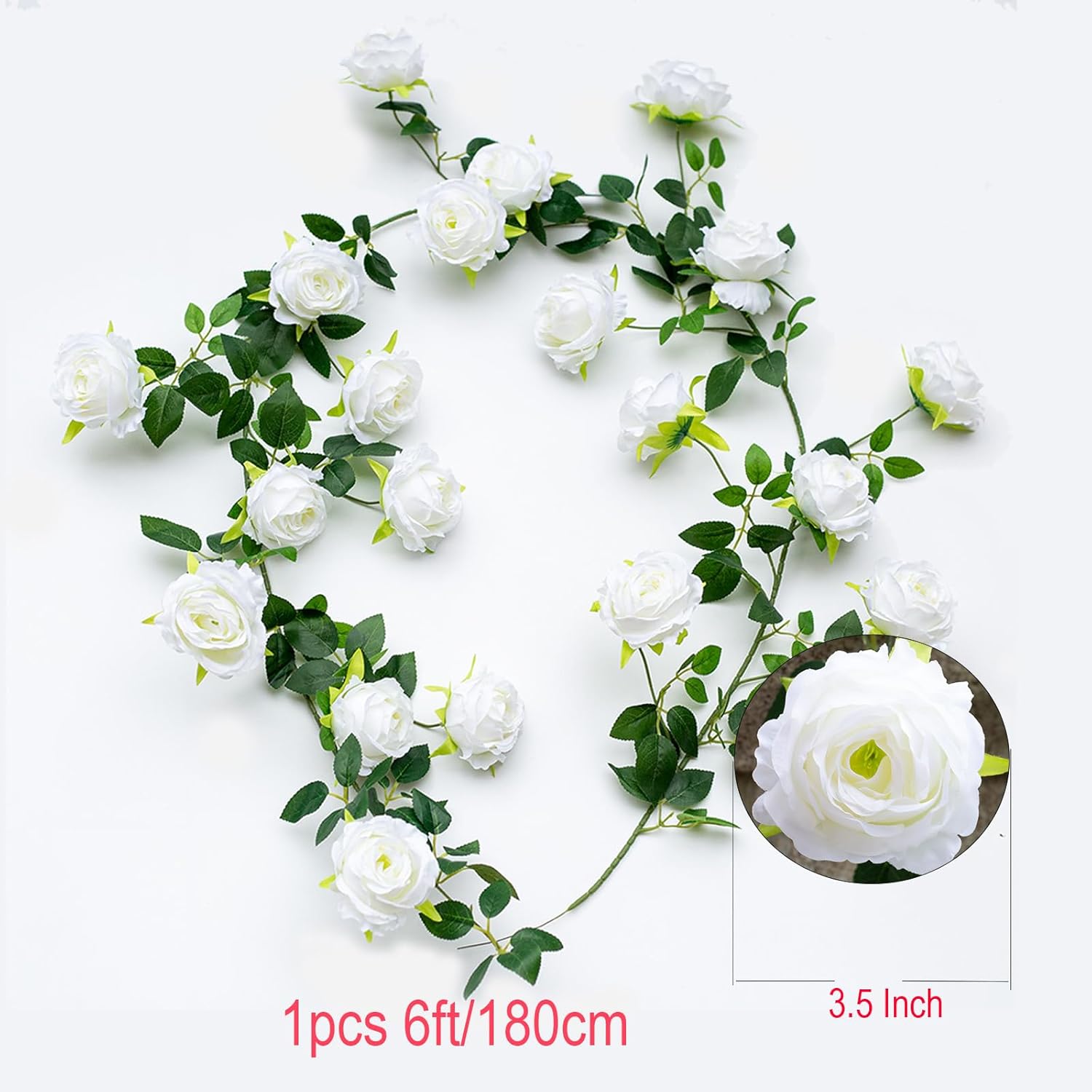 2Pcs 12Ft Bendable Artificial Flower Garland Faux Rose Vine Hanging Floral Garland for Wall Decor Trellis Fence Home Room Garden Wedding Decoration(White, 2pcs)