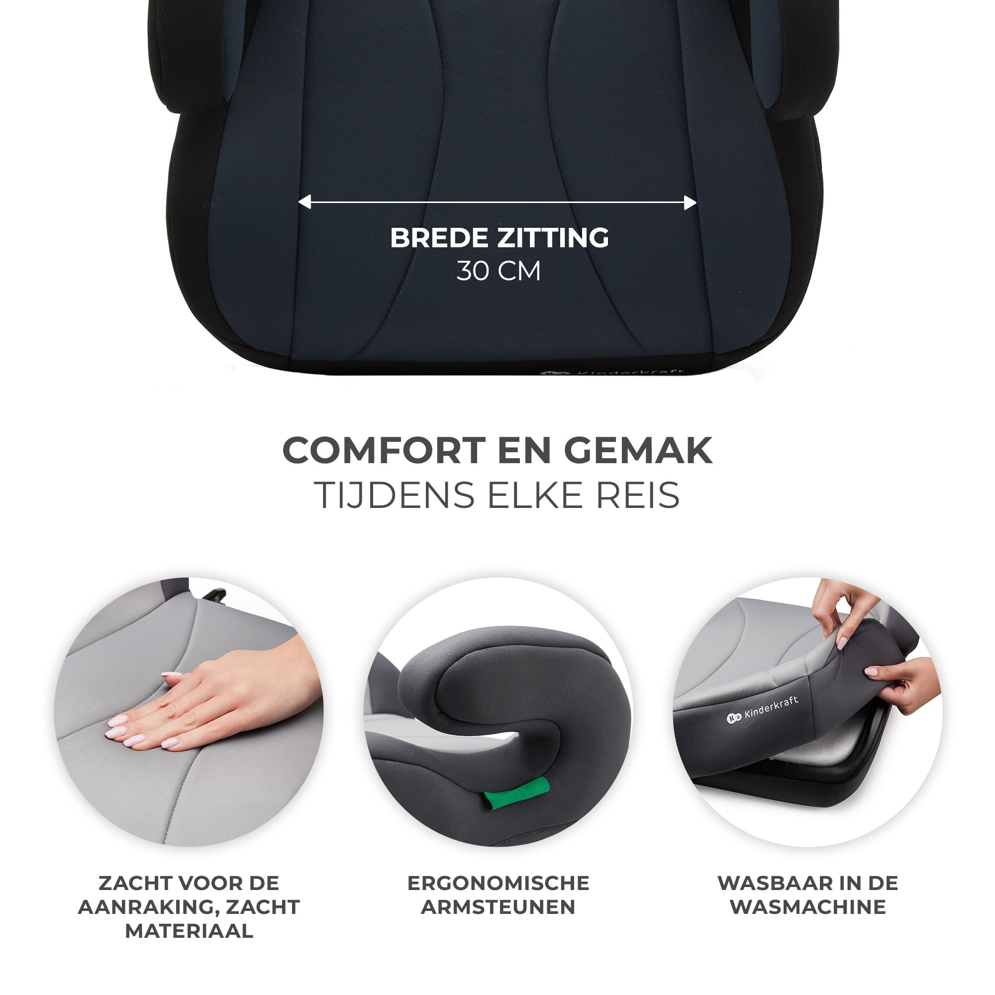 Kinderkraft I-BOOST 2 Zitverhoger, Gordelkussen, Autostoel, I-Size, 135- 150cm, 9 t/m 12 jaar, eenvoudig te monteren, ergonomisch, extra schuim, Zwart