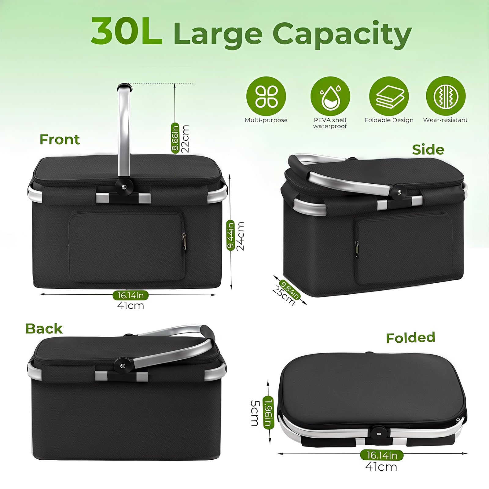 Panier à Provisions Pliable 25L, Sac Pique Nique Isotherme avec Poignée Aluminium, Grand Panier Isotherme Pliable, Sac Isotherme, Idéal pour Courses, Pique-Nique, Camping, Voyage