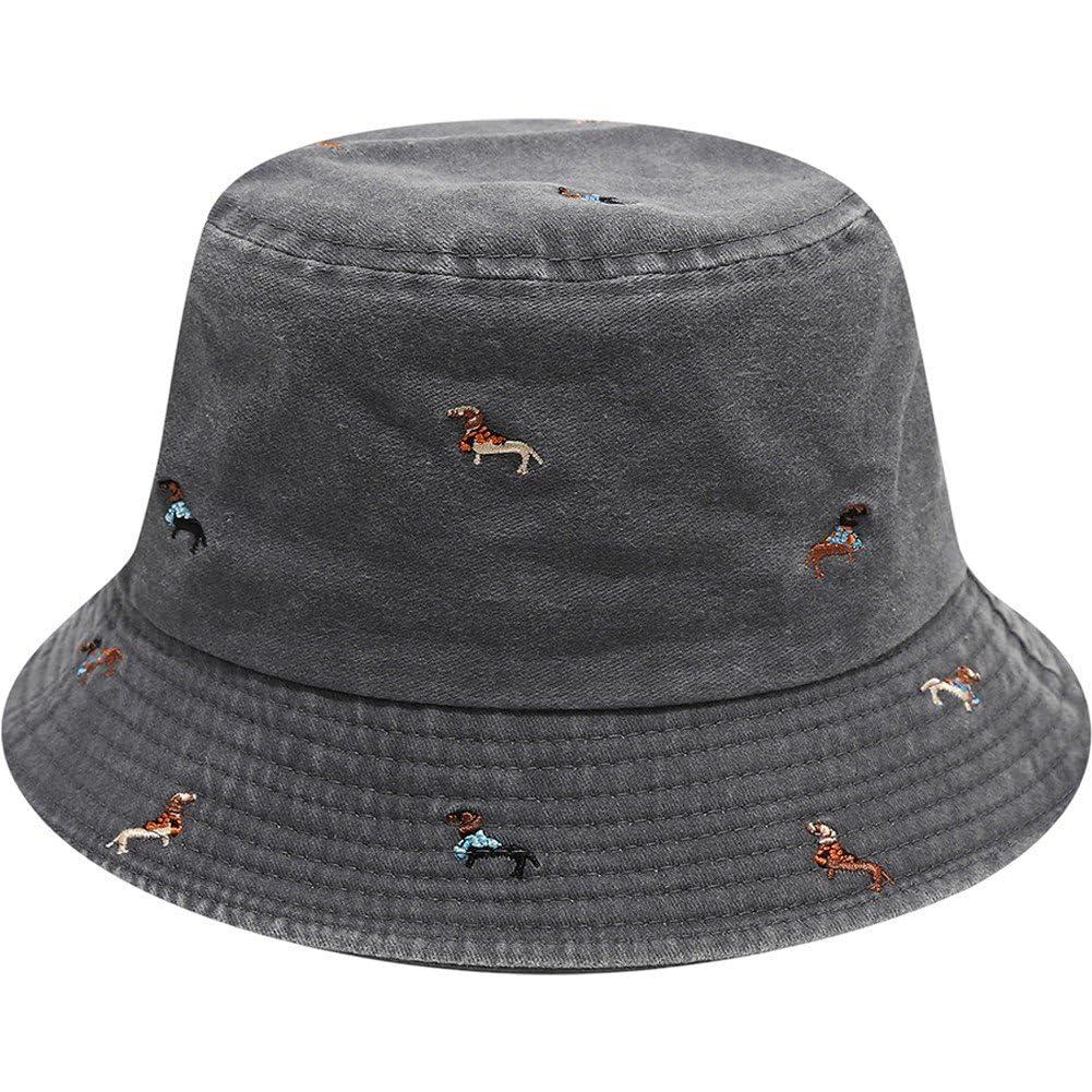 Sslvya Embroidered Dachshund Bucket Hat, Retro Washed Cotton Fisherman Cap Unisex Outdoor Casual Summer Sun Hat