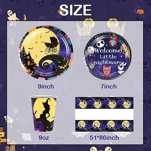 Miniatura 3 de Decoraciones de bienvenida de Halloween Little Nightmare Baby Shower, juego de vajilla Little Nightmare incluye platos, tazas y mantel para