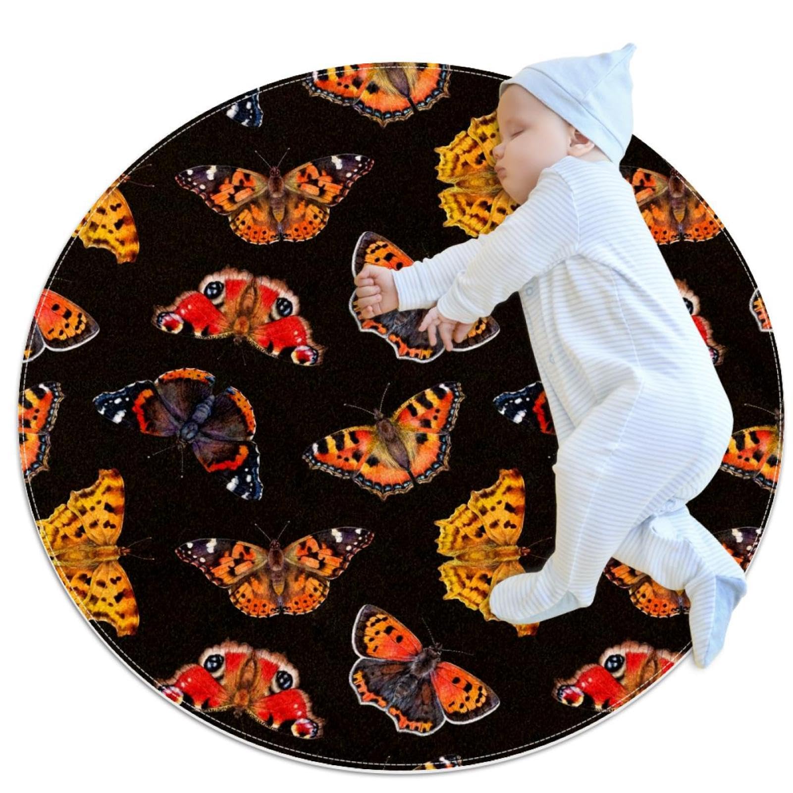 Tapis de salle de bain antidérapant rond 1m motif papillon aquarelle