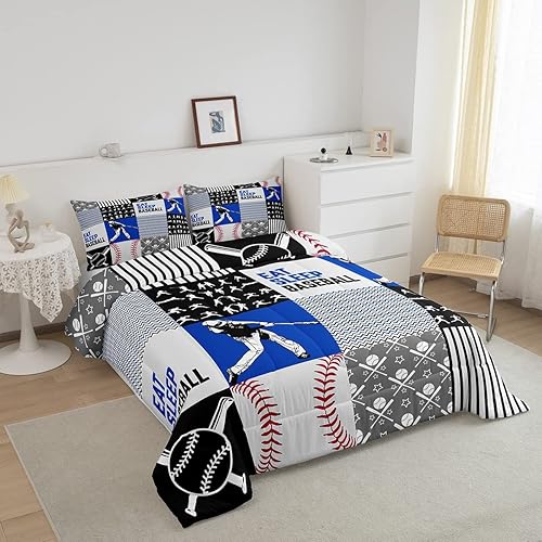 Miniatura 2 de Erosebridal Juego de edredón de béisbol tamaño Queen, juego de ropa de cama de béisbol para niños, edredón cálido de pelotas de bate de béisbol,