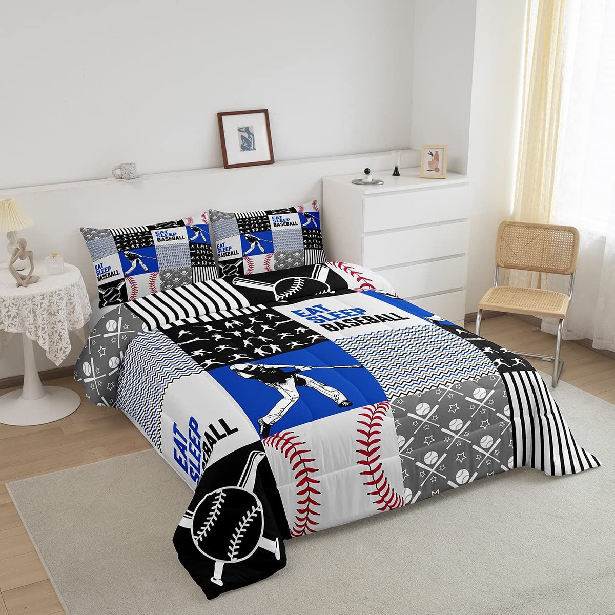 Erosebridal Baseball Comforter Set - Boys Sports Bedding Ball Bat Balls Quilt Set,Sports Duvet Insert and 2 Pillowcases - Warm, Game-Themed Kids Gift Bedroom Decor
