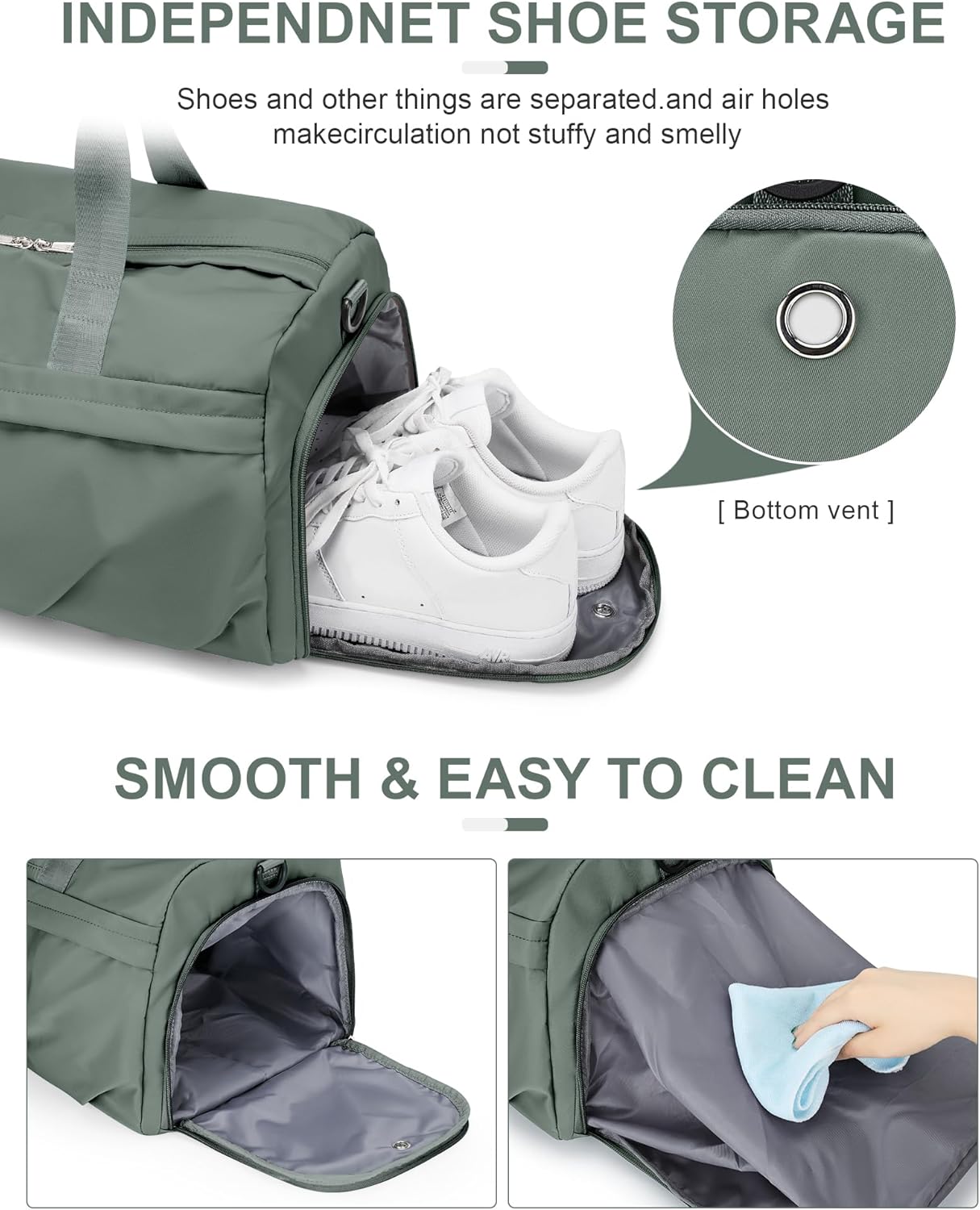 Gym Bag for Women Men, Sport Duffel Bag with Toiletry Bag & Shoe Compartment,Waterproof Travel Weekender Overnight Carry on Bag for Yoga with Trolley Sleeve, Green Set - Image 5