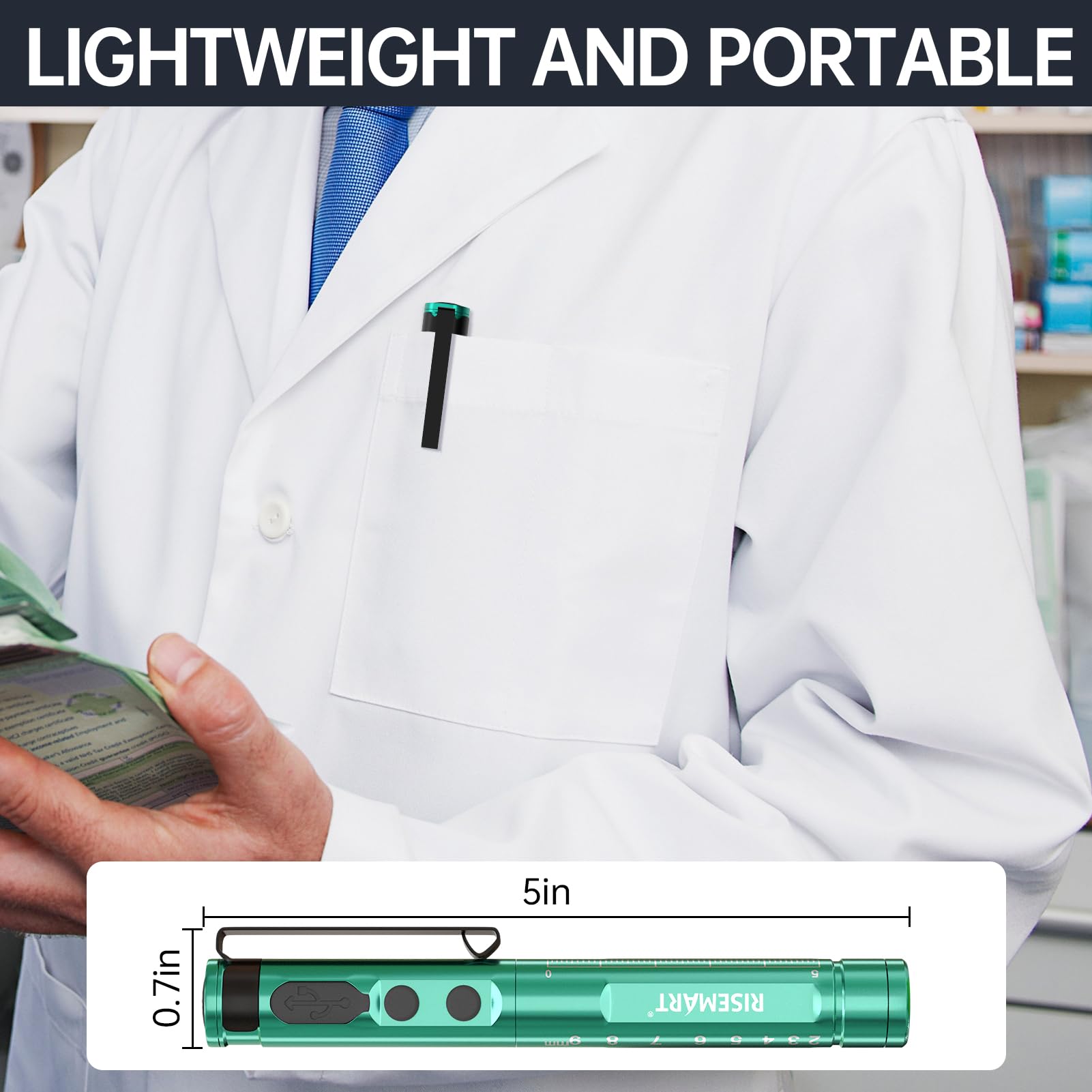 Lampa diagnostyczna, medyczna lampa źrenicy LED, z kablem USB, ciepła / zimna biel i bezstopniowe ściemnianie, przenośna, aluminiowa, medyczna lampa źrenicy z klipsem (Mars Green)