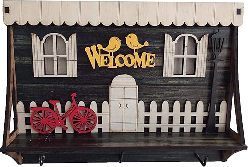 Miniatura 2 de Pratik Dekor Soporte de madera para llaves de pared, 3 ganchos de bienvenida, con organización de regalo de bicicleta, color verde