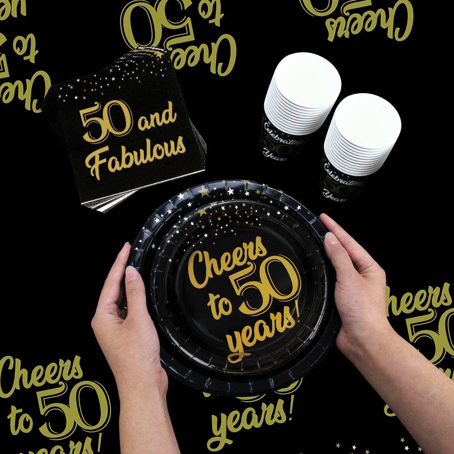 102 Piece 50th Birthday Party Supplies Set Including Plates, Cups, Napkins, Banner and Tablecloth, Serves 25 - Image 3