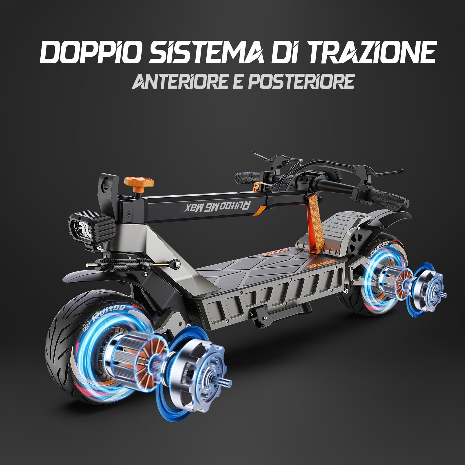 M6 Max Monopattino Elettrico, 2 Motori, Batteria 60V 20.8Ah, Portata Massima 60-70KM, Ammortizzatore Idraulico Ant., Luci LED Full, 3 Velocità, Ruote 11", 200KG, Display Intelligente