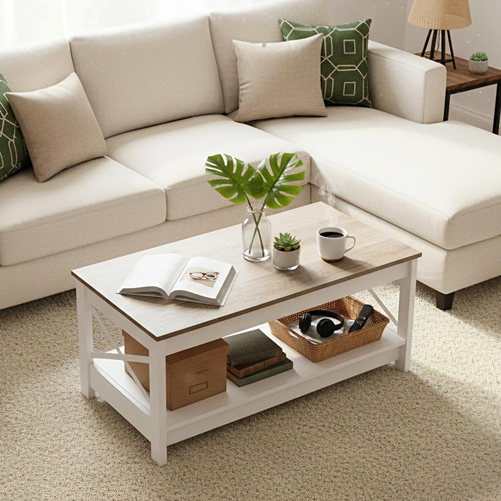 buybyroom Mesa de salón, mesa de salón, mesa de café de 2 pisos, estilo rústico, con espacio de almacenamiento, para dormitorio, salón, entrada, mesa de café, color blanco