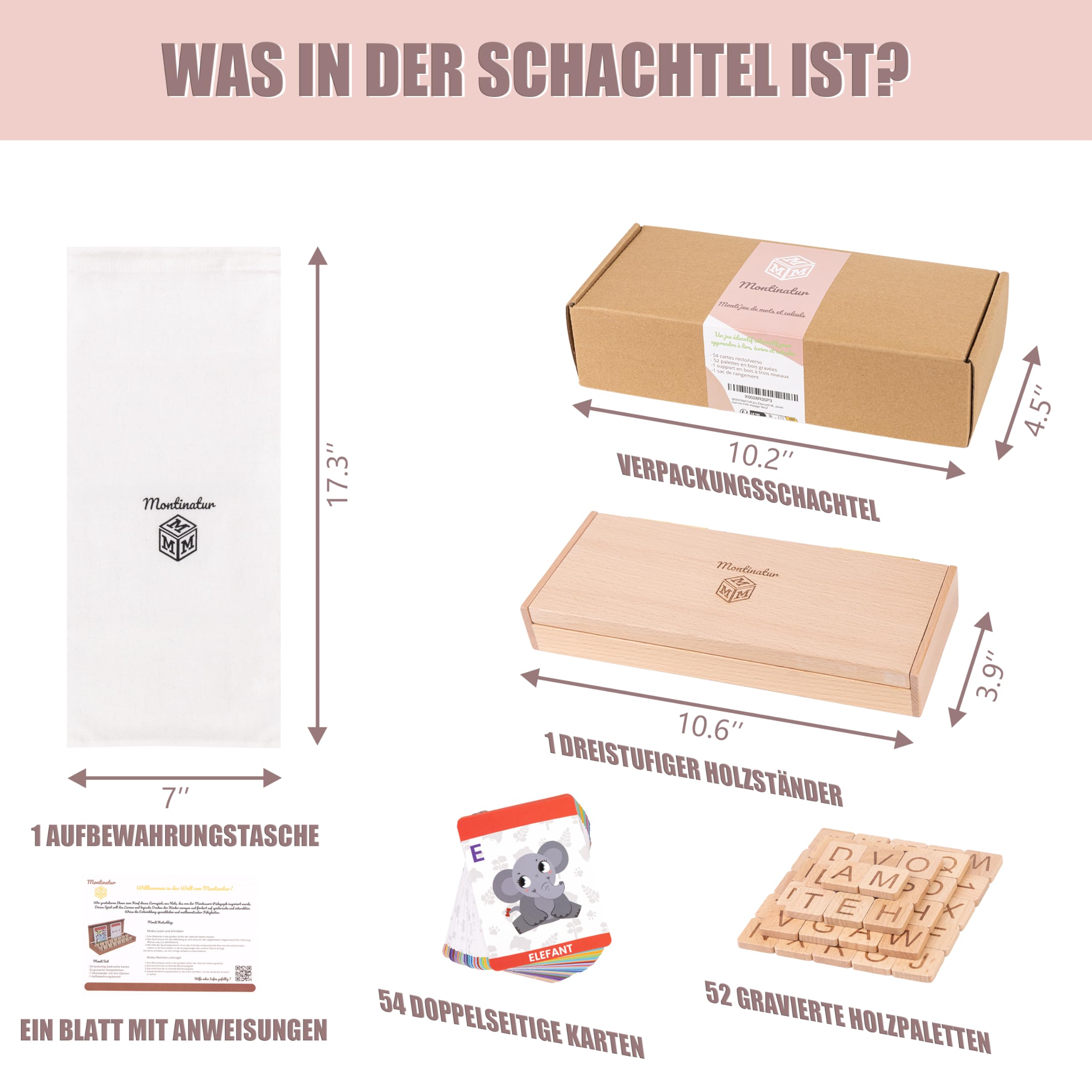 Montessori Holzspielzeug ab 3 Jahren – 3-in-1 Lernbox aus Holz: Buchstaben, Lesen Lernen, Zahlen & Rechnen – Lernspielzeug Kinder Geschenk zur Einschulung & Vorschule