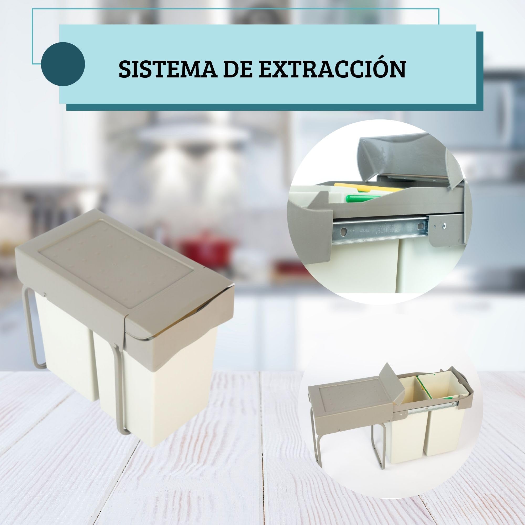 AZERODESIGN-Cubo Basura-Cubo de Basura Cocina-Cubos de Basura de Reciclaje-2 Compartimentos de 7L- Módulo 30 cm-40x45x25,5 cm-Sistema Guías Extraíbles de Acero-Fijación Inferior-Material Plástico PVC