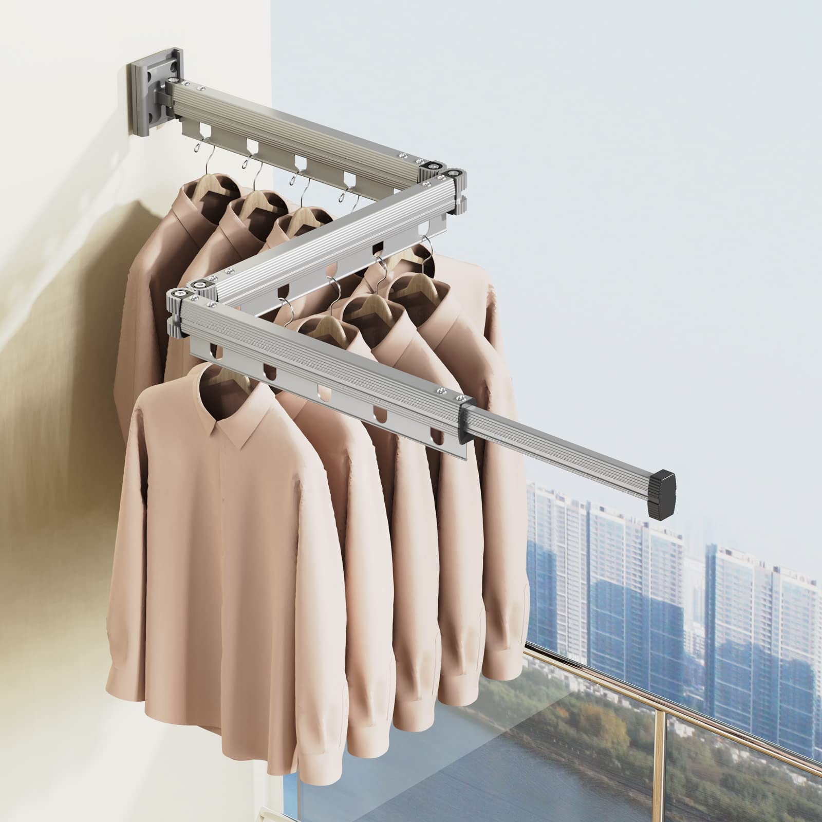 UVCMDUI Folding Clothes Drying Rack Wall Mounted, Heavy Duty Clothes Airers Indoor Strong Folding Airing Rack, Retractable Laundry Drying Rack Wall Mounted Clothes Line,Silver,3 Fold
