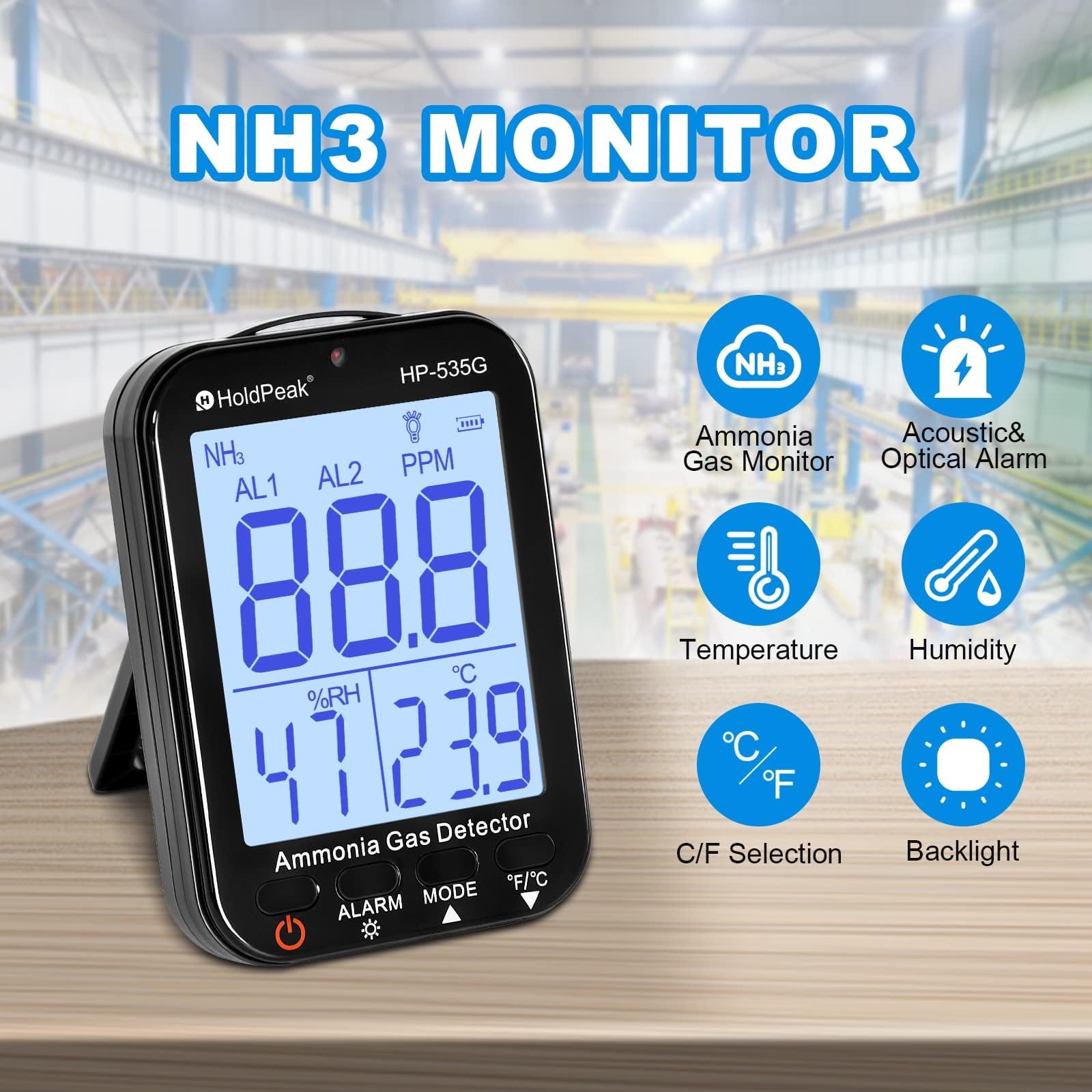 Détecteur de gaz Ammoniac NH3 0~100 PPM, Résolution 0.1 PPM Rechargeable Détecteur Qualité Air pour Température et Humidité, Double Alarme Acoustique et Optique, pour la Ferme/Produits Chimiques