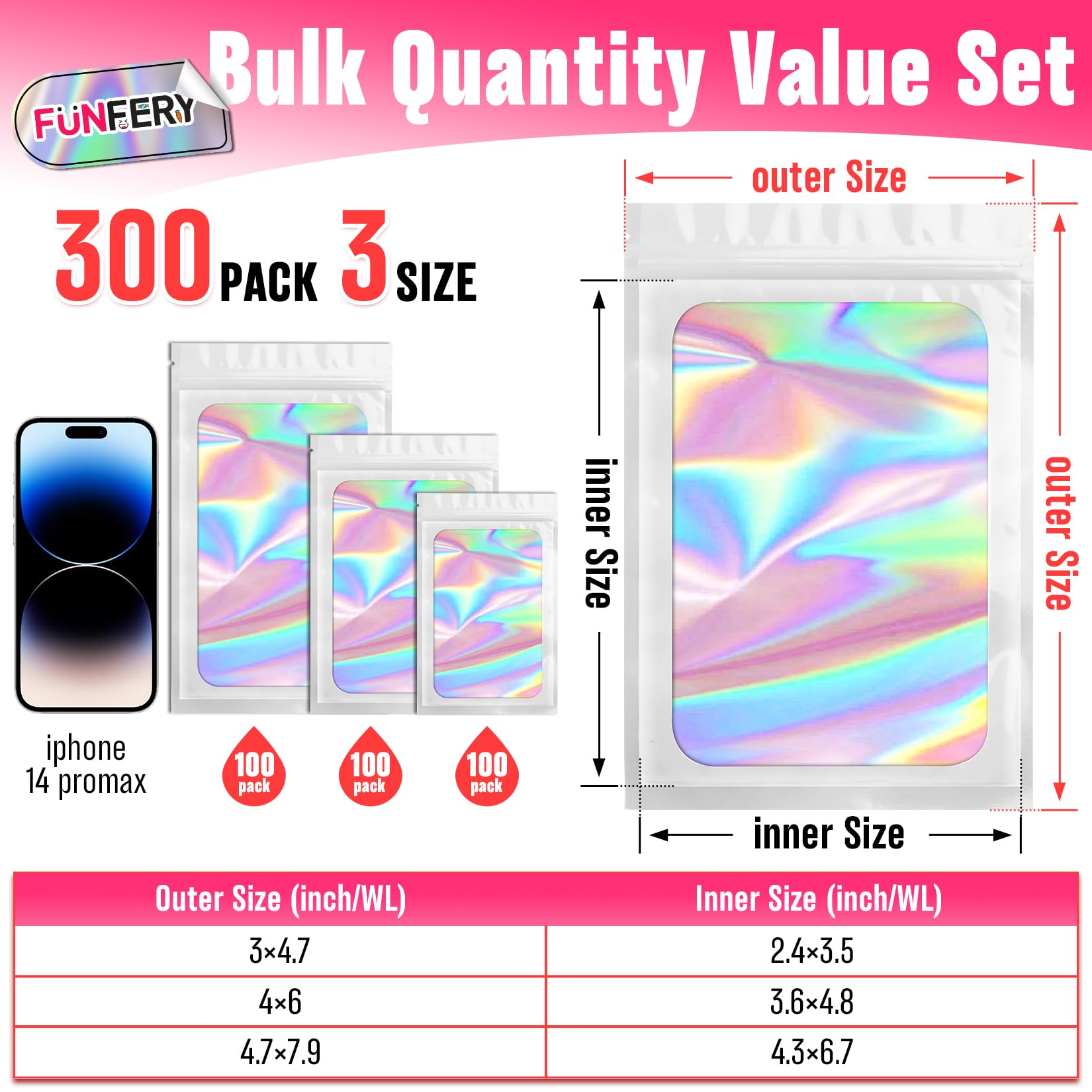 Funfery 300 Pack 3 Size Mylar Holographic Bags with Clear Window,Resealable Bag Smell Proof Foil Baggies Packaging Pouch for Food Storage,Sample,Small Business(White,3x4.7,4x6,4.7x7.9in)