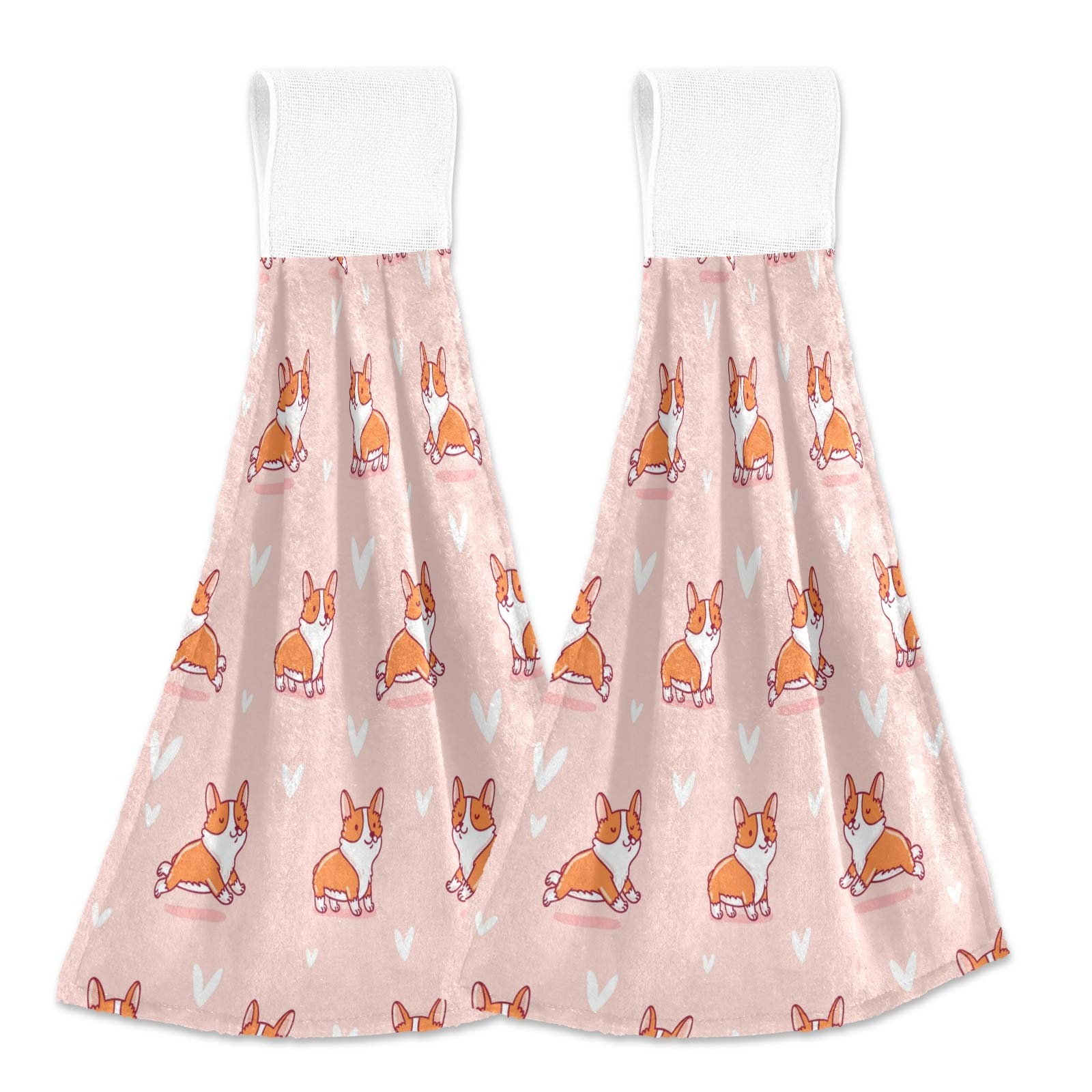 Asciugamani per cucina Carino Corgi Rosa Cuore Asciugamani da bagno Cucina Asciugamani Cucina con Passante Appeso Set di 2 Pet Puppy Love Hanging Tie Asciugamani