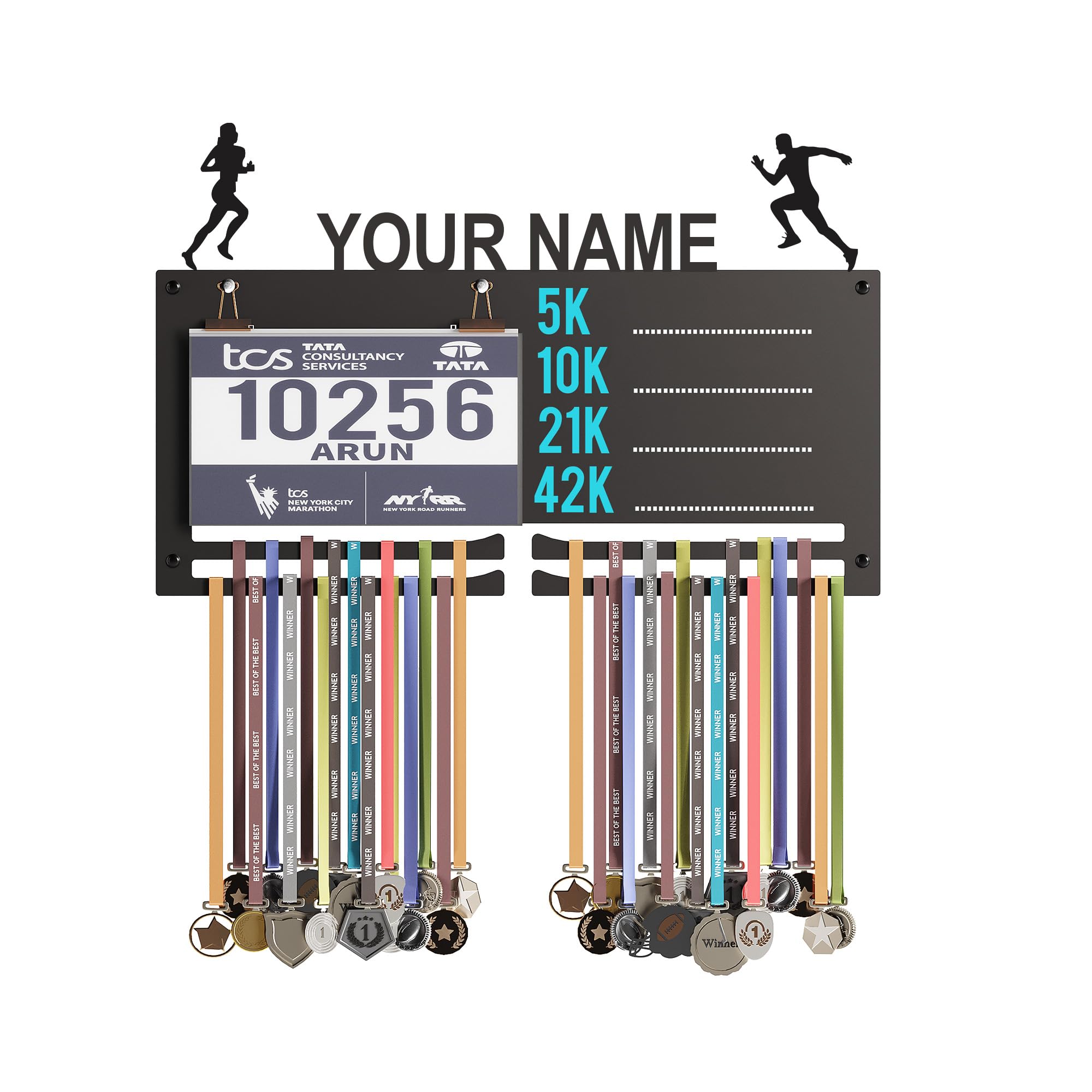 GLORY MEDAL HANGERS Personalized Marathon Bib & Medal Display Board | Running & Sports Achievement Holder | Hold Upto 40 Medals-image-34