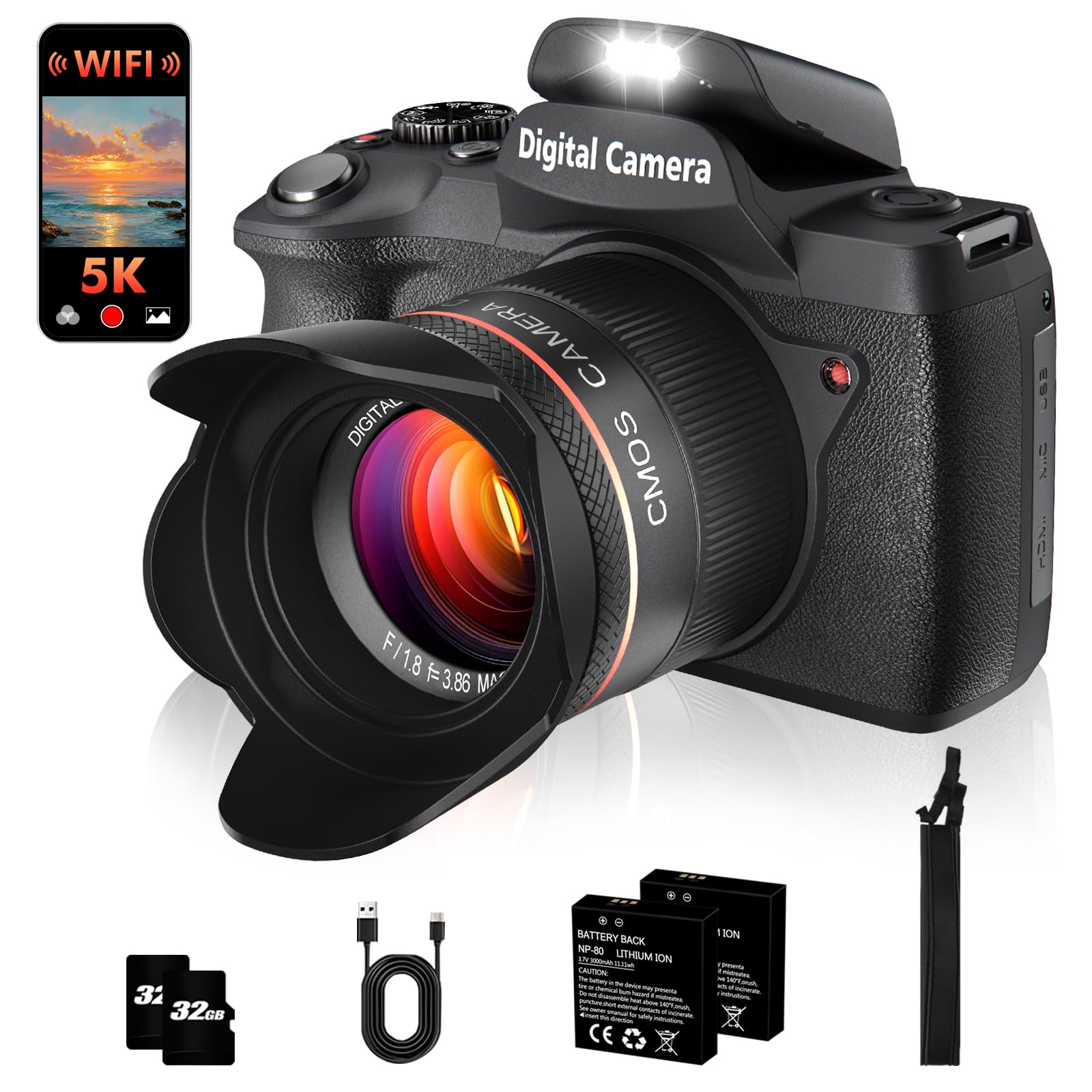 Cámara digital 5K para fotografía, cámara de vlogging de enfoque automático de 64 MP para video de YouTube con lente frontal y trasera, flash, cámara de viaje con pantalla táctil de 4 pulgadas