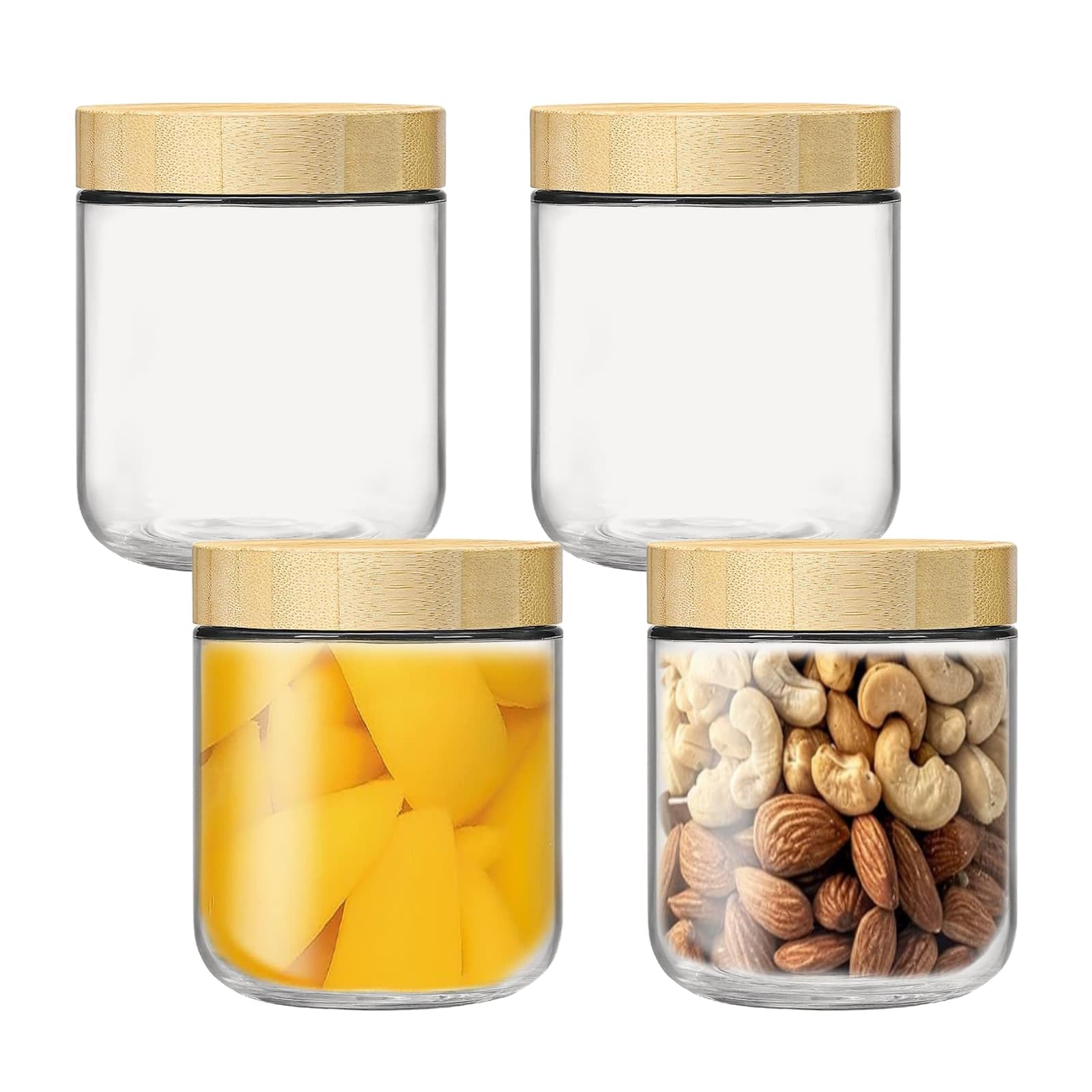 DYUEE 4-pack 10oz Glass jars with Airtight Lids Wood Lids for Meal Prep